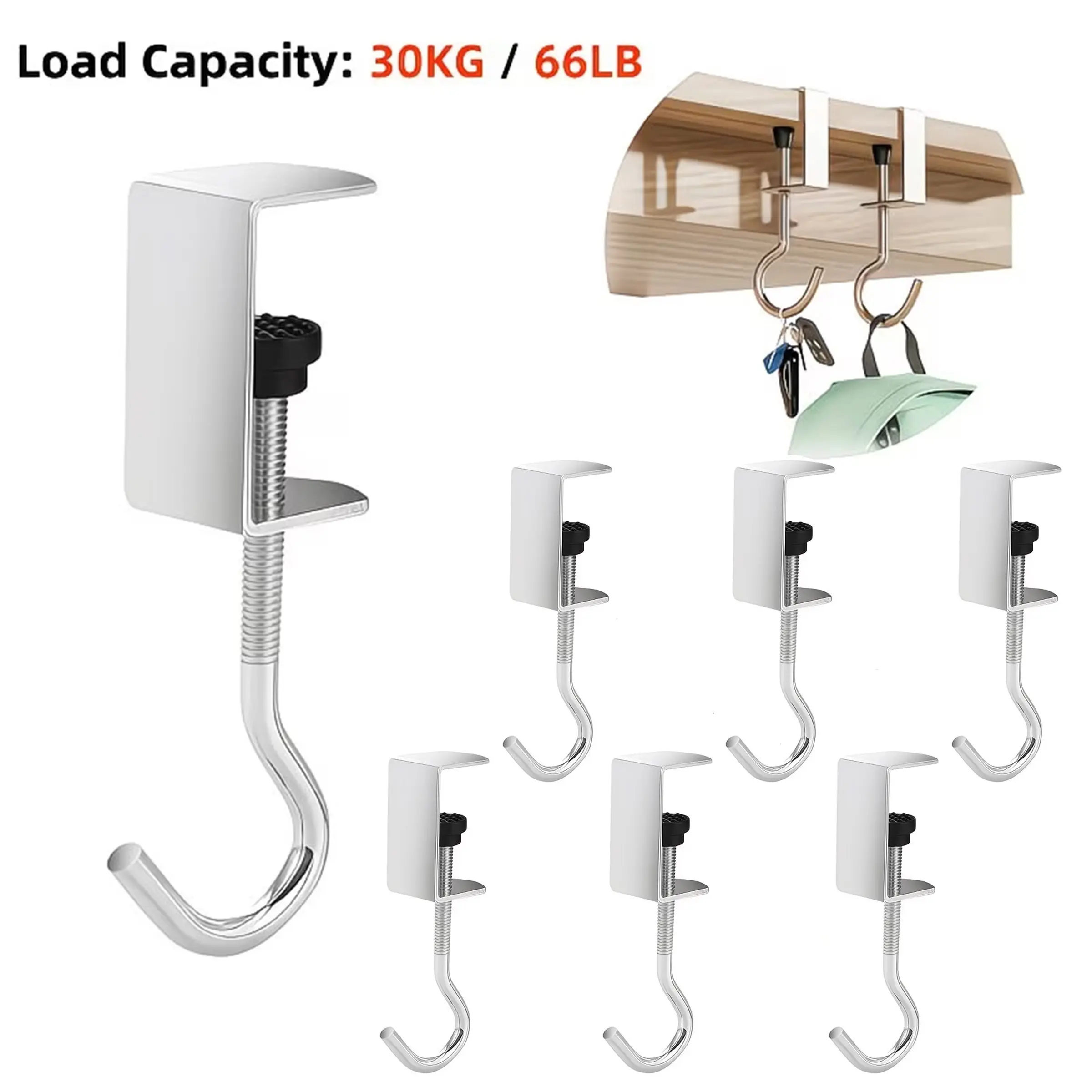 7-Pack Adjustable Clip Hooks, No-Drill Desk Edge Hooks, Fits 1.4-3.1 Cm Wood, 30 Kg Load Capacity, Desktop Office Cabinet Bag Storage Hooks