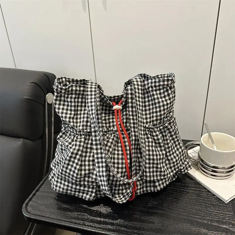 Women Plaid Canvas Tote Bag, Ruffle Drawstring Shoulder Bag with Large Capacity Design, Soft Lightweight Casual Purse in Korean Style for Work, Shopping, College, Travel, Daily Commute and Everyday Outfits