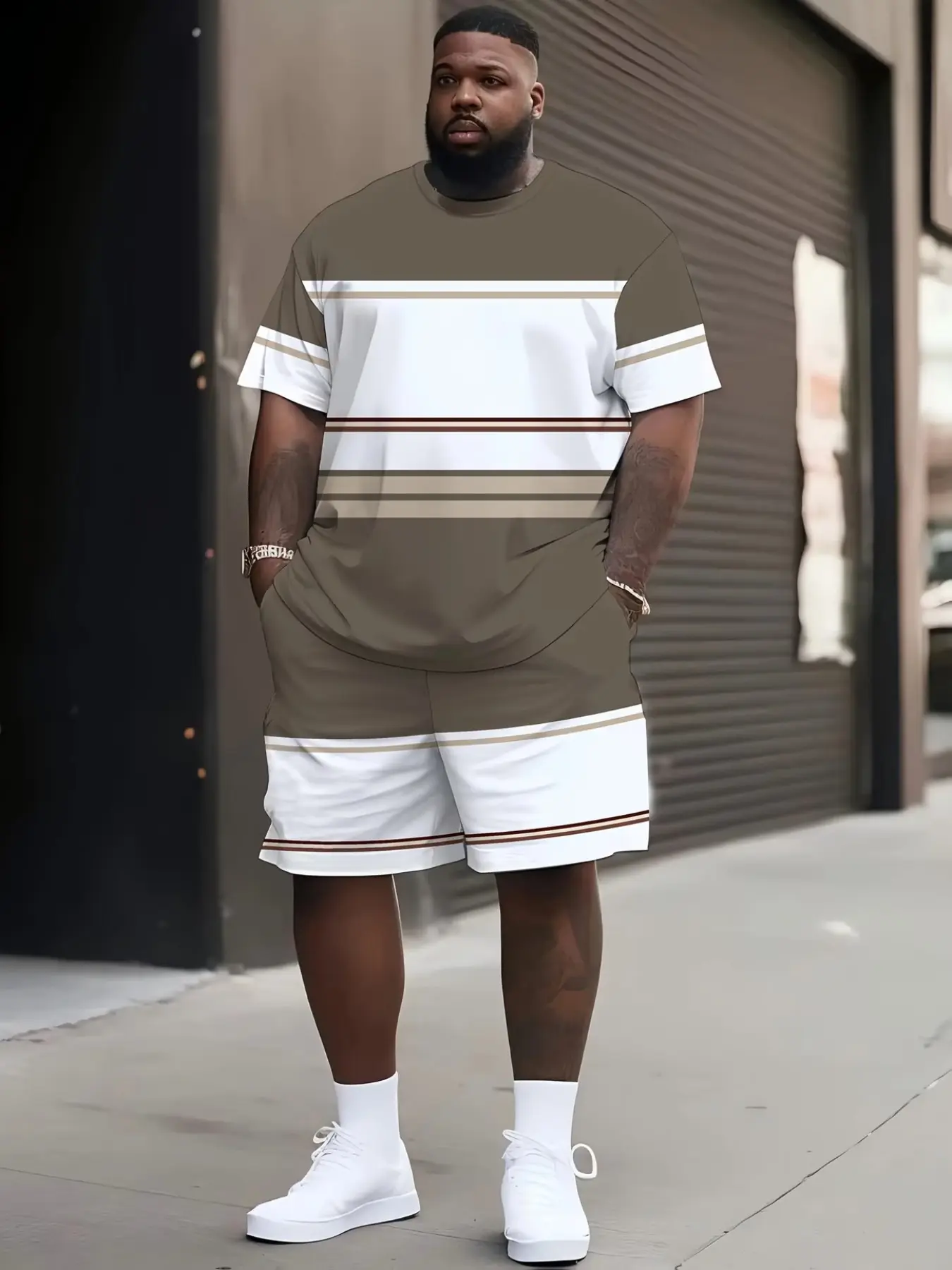 Men's Plus Size Oversize 3D Print Casual Two-Piece Set, Streetwear Striped Short Sleeve, Round Neck T-Shirt & Drawstring Shorts, Outdoor Leisure