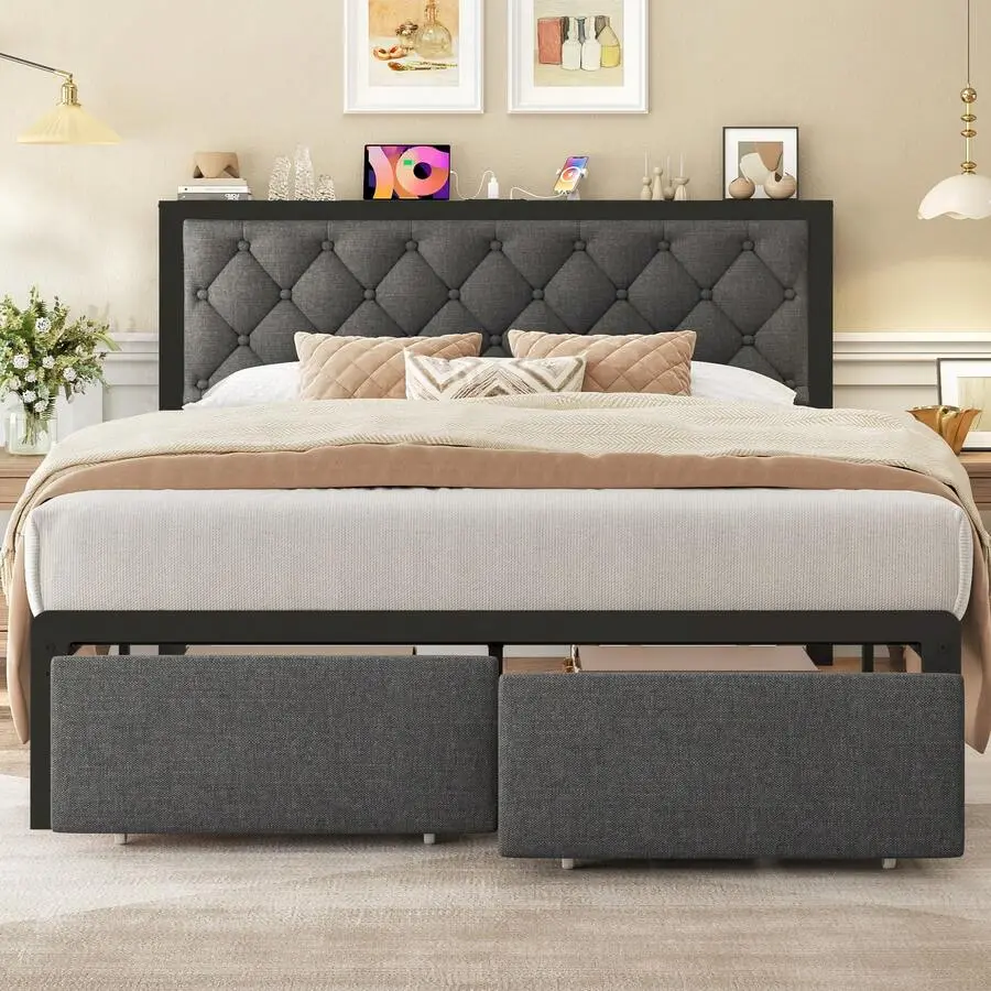 Grey All‑Metal Bed Frame with 2 Storage Drawers, Tufted Upholstered Headboard & Charging Port, Noise‑Free, No Box Spring Needed