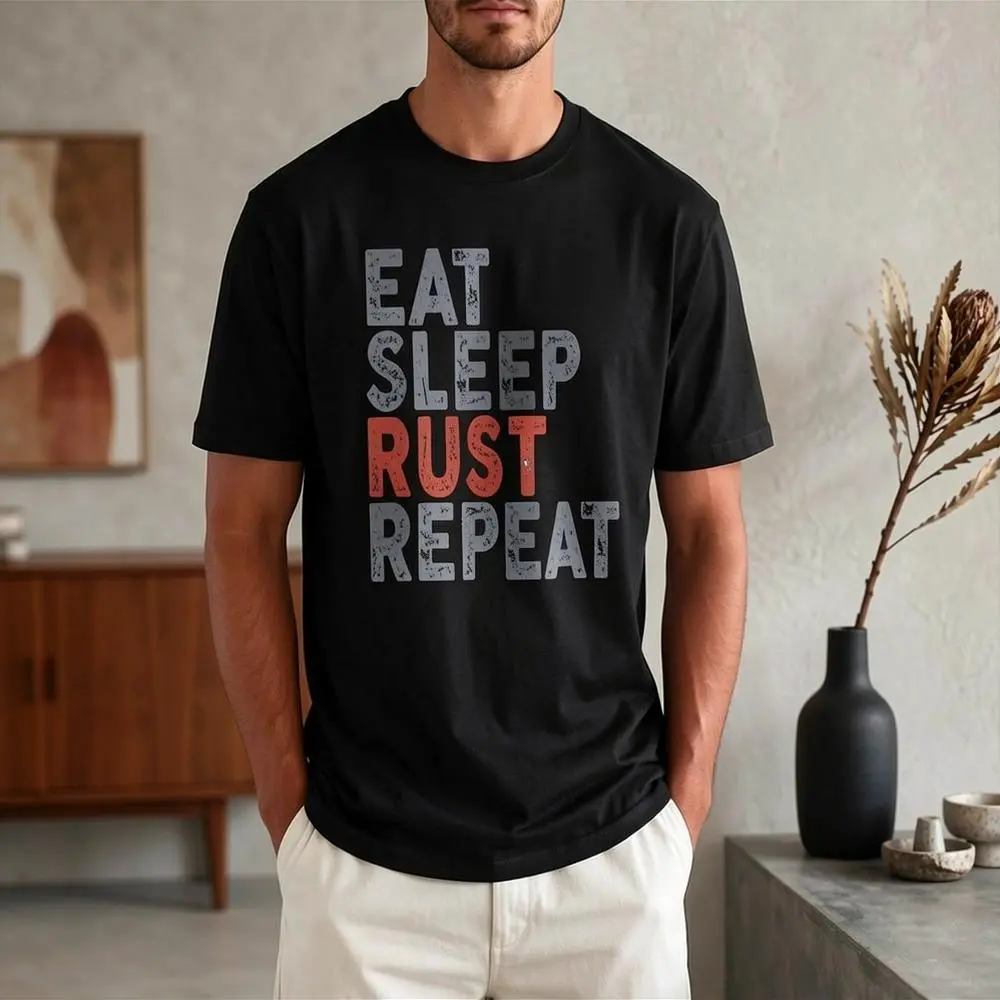 Men's Eat Sleep Rust Repeat Graphic T-Shirt, Casual 100% Cotton Short Sleeve Round Neck Top for Coders and Programmers
