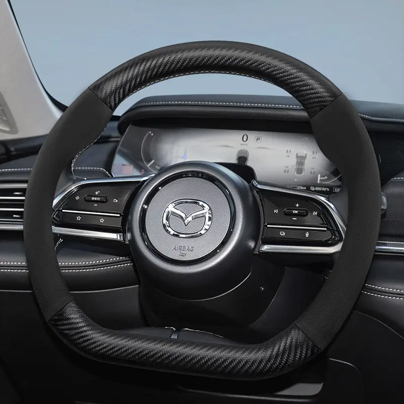 Carbon fiber texture leather suede steering wheel cover, Steering wheel protector suitable for Mazda 3, Cx5, 6, Cx30, Cx3, Cx-5, Cx7, Cx50, Bt50, 3sport, Cx60, Ez6, 323, Mx5, Axela, Cx4, Cx8, Cx9, MX-30