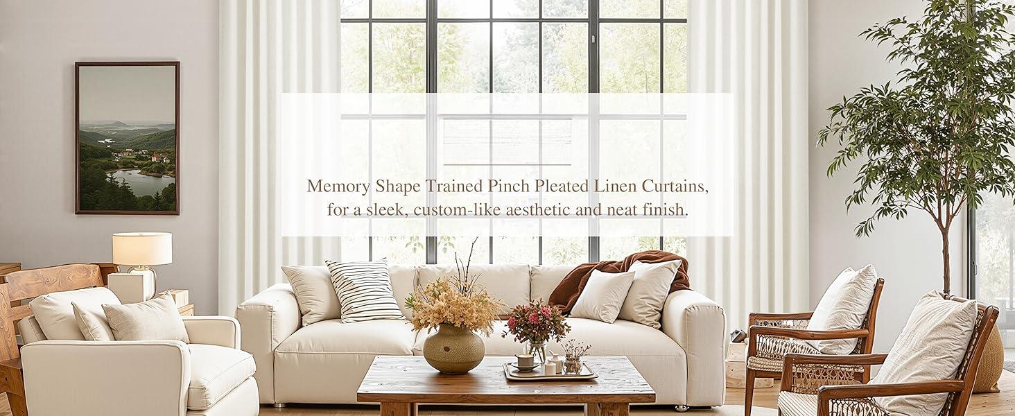 Pinch Pleated Linen Curtains 96 Inches Long for Living Room Semi Sheer Curtain 2 Panels for Bedroom Natural Cream Light Filtering Back Tab Drape with Hook Rings Boho Rustic Farmhouse Decor