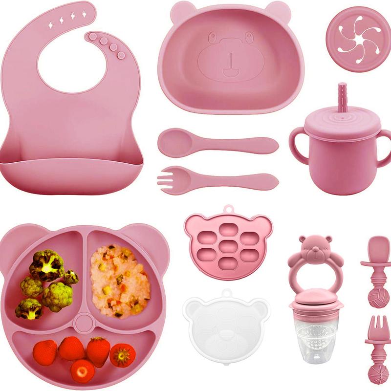 Bear Design Silicone Baby Feeding Set, 11-Piece Baby Dinnerware Set with Bowl, Spoon, Fork, Bib, Straw Cup, Snack Cup and Ice Cube Box, Cutlery Utensil Sets