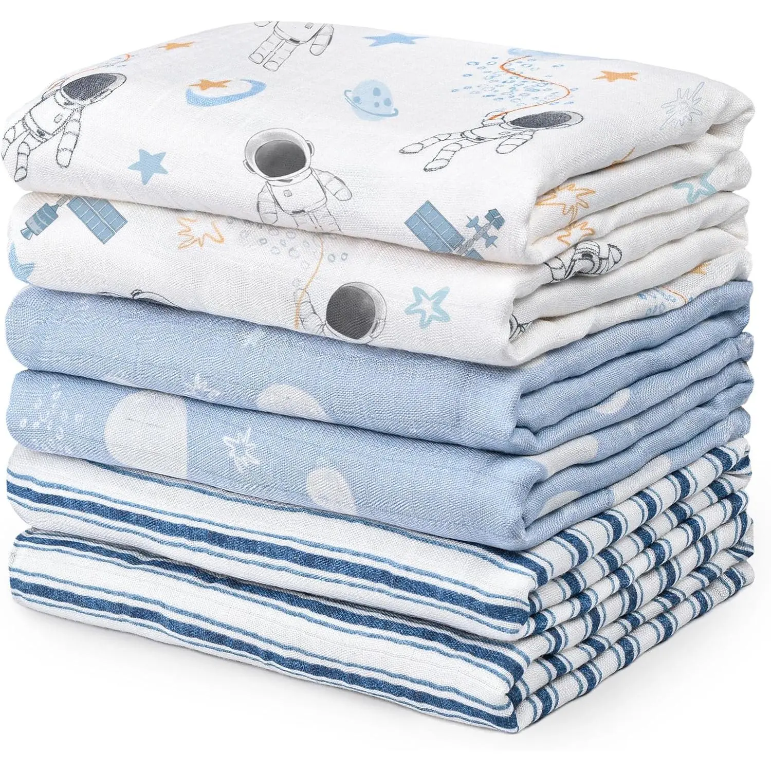 BABY Receiving Blanket Boy Cotton Muslin Swaddle Blankets Girl Newborn Squares Breathable & Soft Thin Baby Blankets Cloths Double Absorbent Infant Swaddling Wrap - 6 Pack (Blue Astronaut)