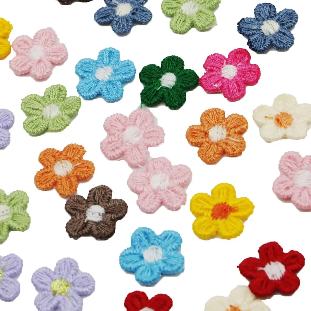 50pcs 15mm Wide Cute Flower Embroidery Fabric Stickers, Iron-On Embroidery Patches, DIY Jewelry Clothing Trim, Appliques Embellishments, Floral Embroidery Supplies
