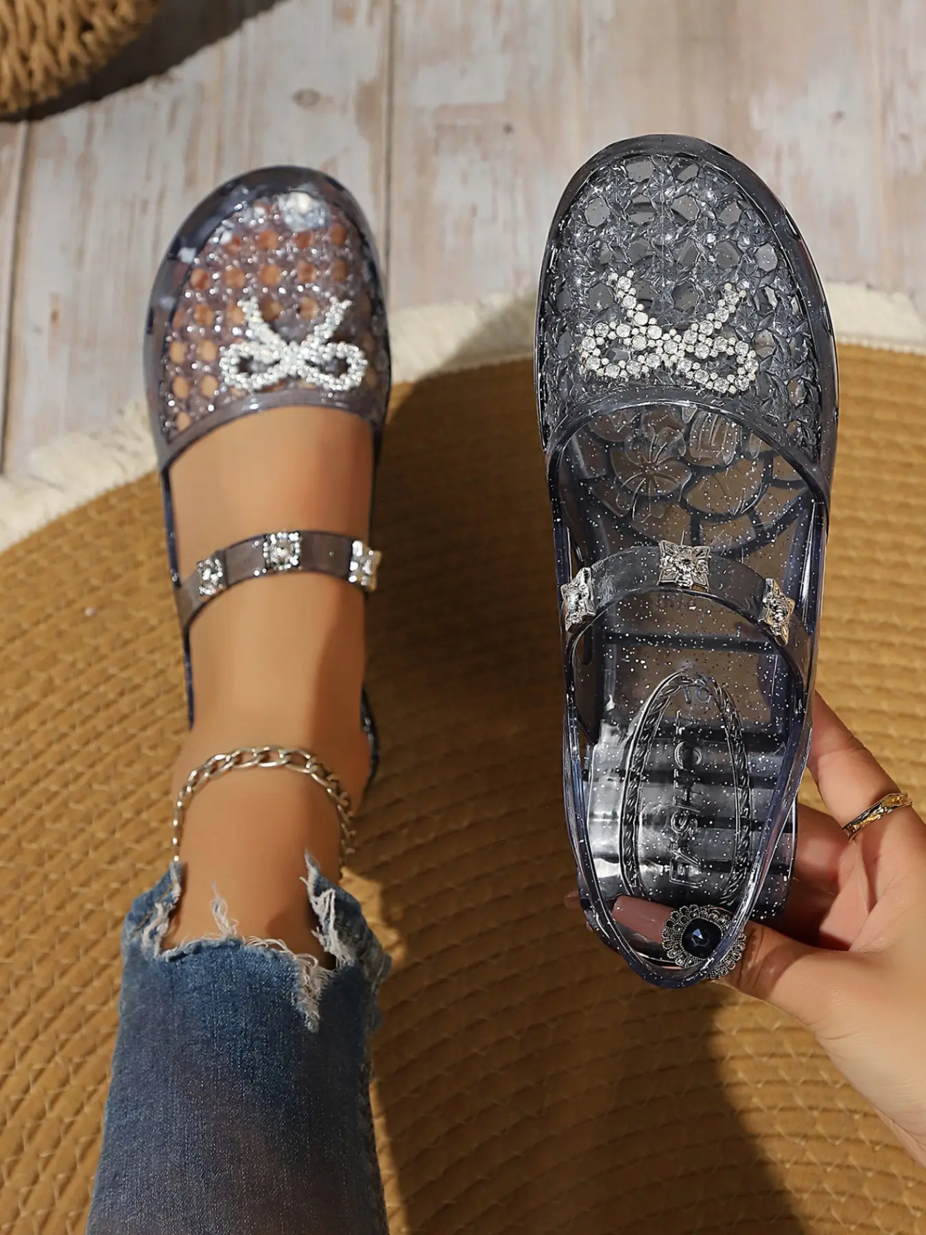 Women's Rhinestone Bow Clear Jelly Sandals, Jelly Flats, Retro Hollow Out Backless Shoes, Soft Sole, Waterproof, Easy Clean, Casual Daily Wear