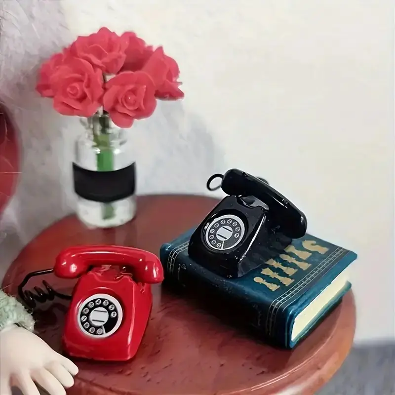 Decorative Mini Vintage Rotary Phone Model Set, Alloy Metal Lines, DIY Dollhouse Pocket Scene Decoration Collection Display, Ornaments, Figurine, Miniatures, Home Decoration Collectible