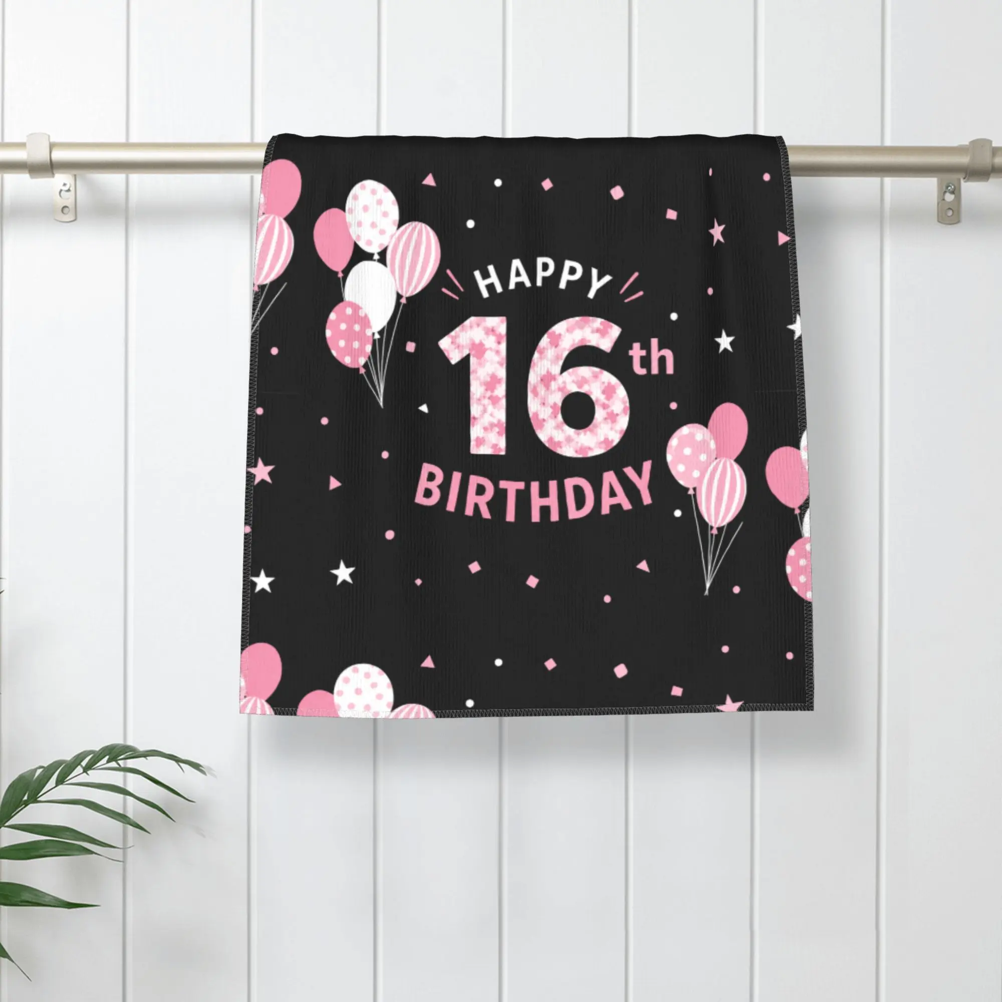 16th Birthday Personal Microfiber Poly Face Towel - Pink Balloons Stars Print, Soft Absorbent, 35x75cm Skin-Friendly Non-Fading Home Bathroom Towel, Multi-Purpose Fluffy Girls' Gift for Sweet 16 Party Decoration