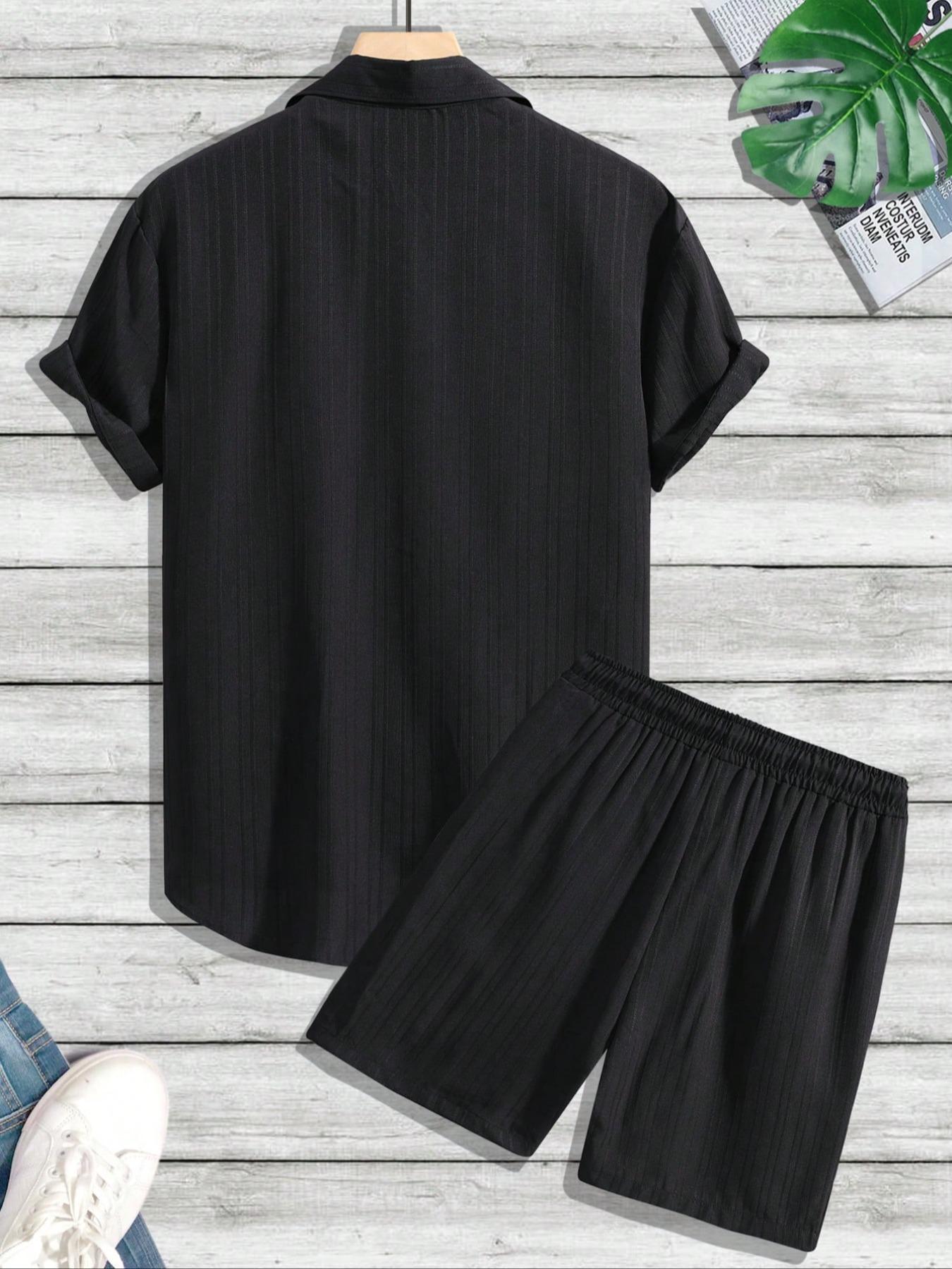 Two-Piece Set Men's Regular Fit Solid Textured Breathable Short Sleeve Shirt & Shorts, Casual Summer Set for Men, Mens Clothes for Beach Vacation