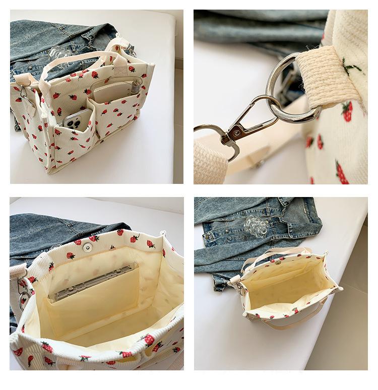 Women's Tote Bag Strawberry Print Canvas Student Shoulder Handbag Large Capacity Multi-Pocket Travel Purse Casual Daily Use Durable Totebag