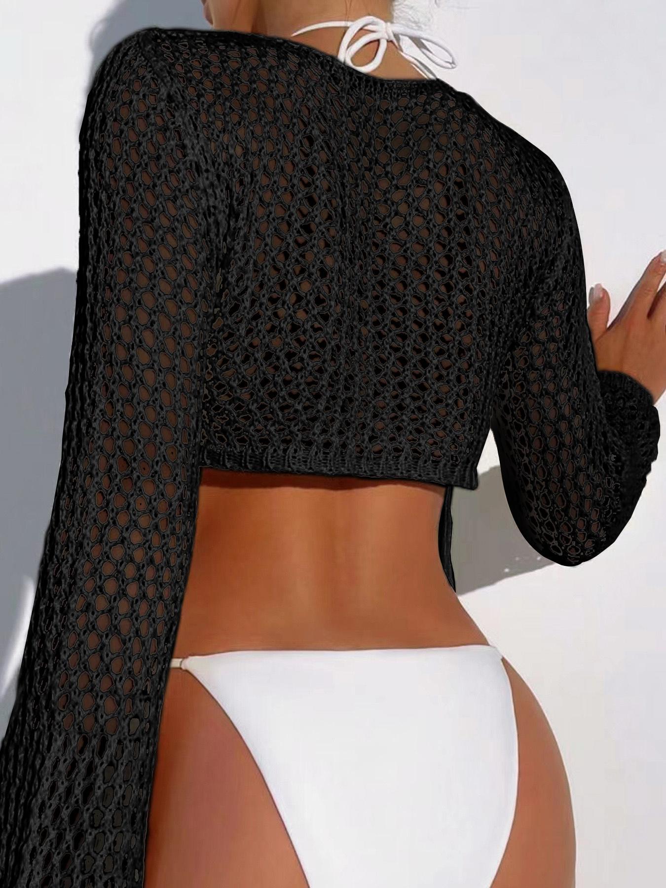 Women's Plain Hollow Out Long Sleeve Crew Neck Cropped, Casual Flounce Sleeve Round Neck Crop Knit Top for Summer, Ladies Clothes for Beach Holiday Vacation, Crochet Cover Ups