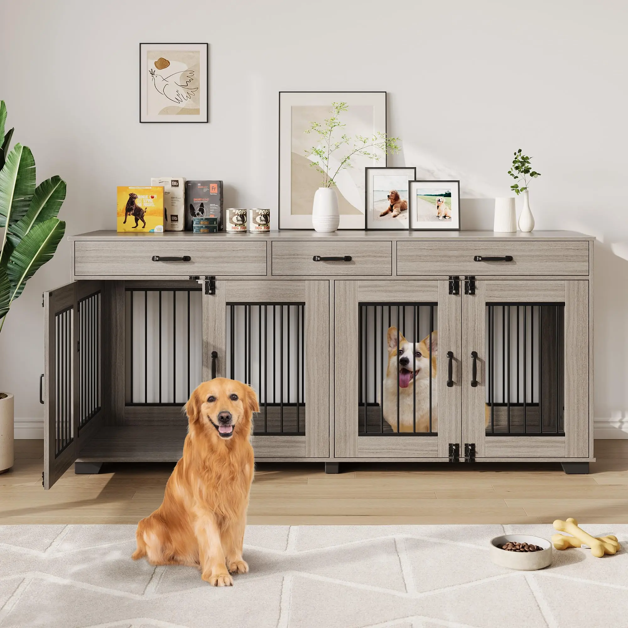Extra Large Double Dog Crate Furniture for 2 Dogs - 71 Inch Wooden Kennel with Divider, 3 Drawers, TV Stand - Heavy Duty Dog Bed & Sofa for Medium and Large Breeds - Brown Grey