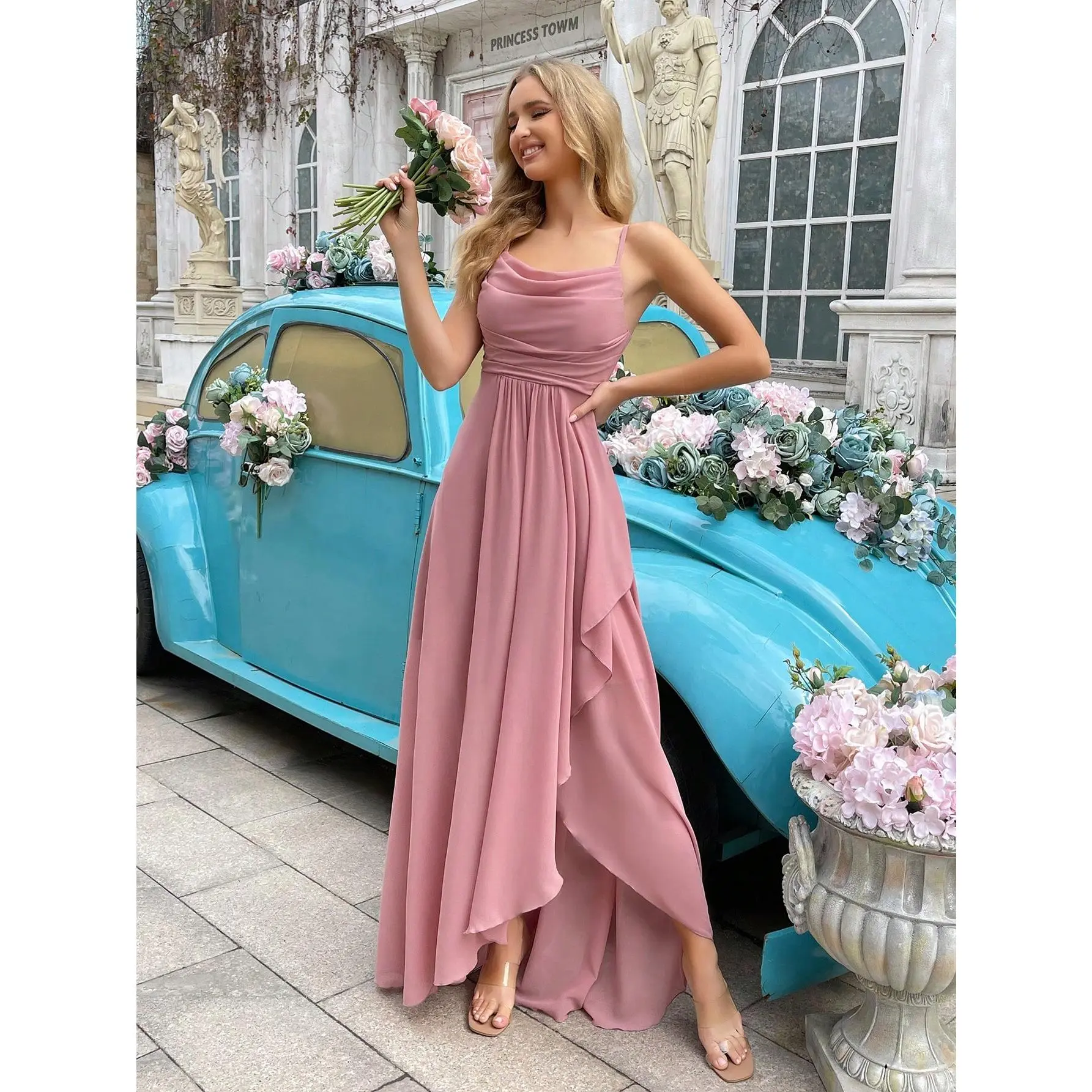 Elegant Simple Women's Wedding Formal Dress, Summer Bridesmaid Gown for Weddings, Guest Dinners, Formal Events, Engagement Parties, Lawn Weddings.Solid‑Color Cowl‑Neck Halter Bridesmaid Long Dresses with Asymmetric Hem