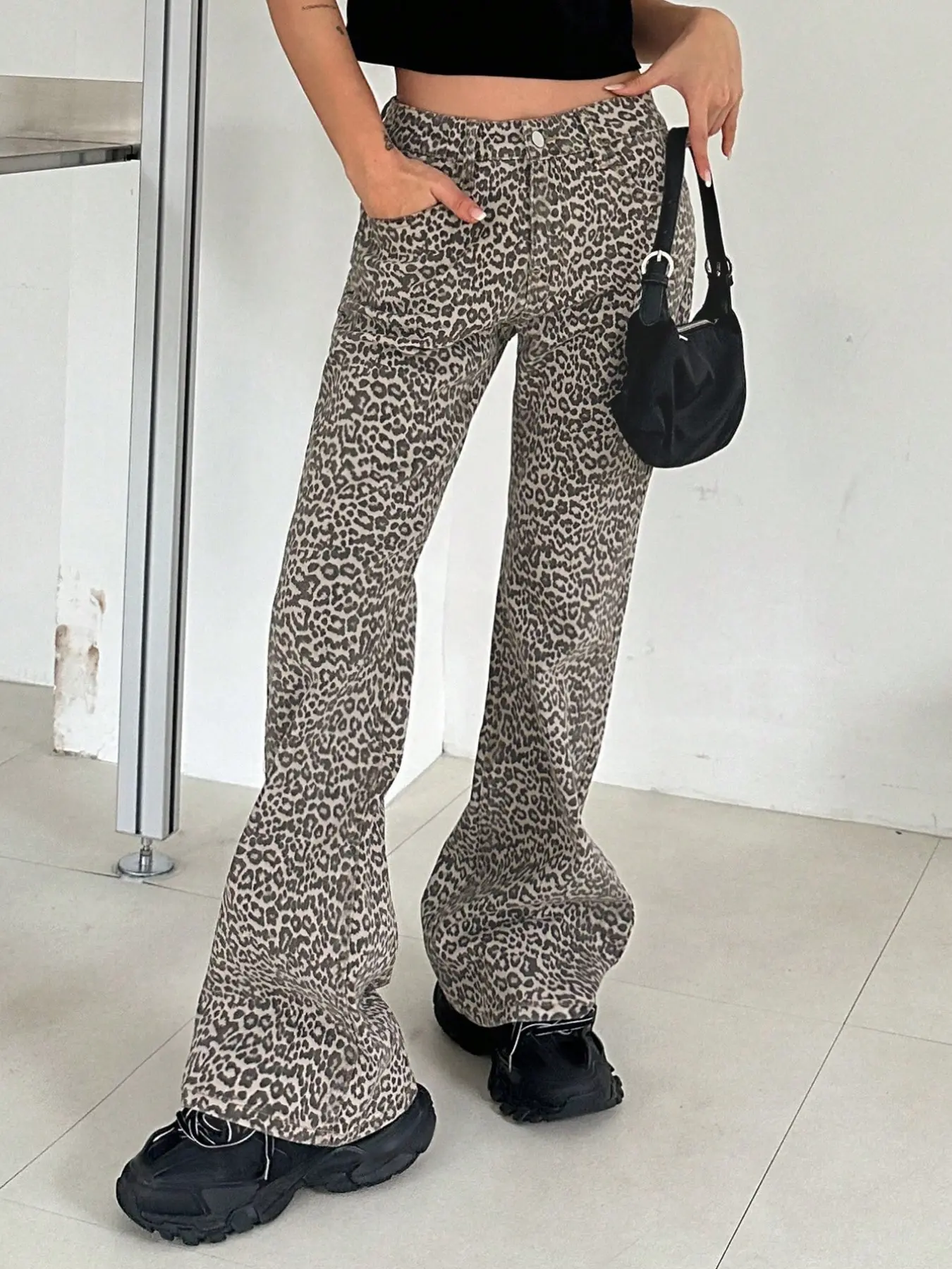 Y2K Millennial Leopard Print Micro Flare Pants, American Vintage Low Waist Slimming Jeans, Versatile Leopard Print Bell Bottom Long Pants