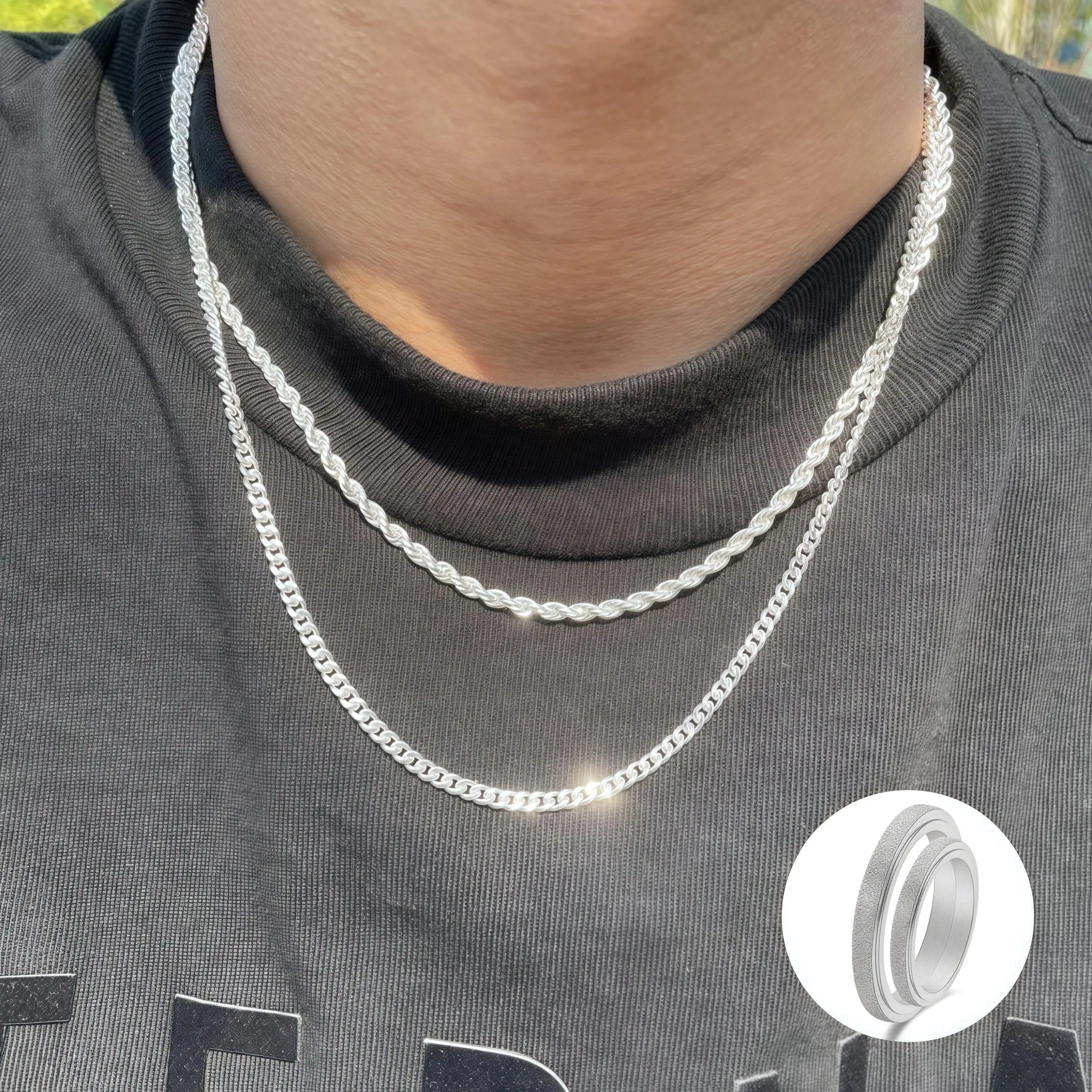Fashion Necklace Double Chain Set + Ring - 3mm Layered Cuban Chain Necklace Set Minimalist  Gift 20-24 Inch Gift