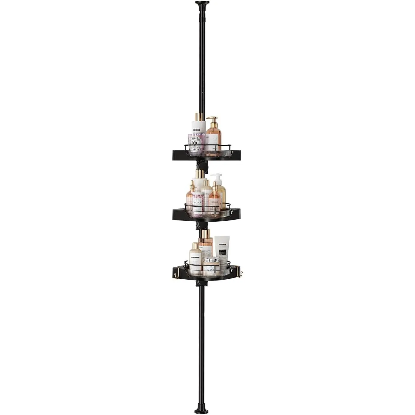360° Rotating Shower  Tension Pole, 3 Tiers Corner Shower Organizer for Bathroom Shelf Bathtub, Adjustable Standing Shower Rack, Easily Assemble, 34-124 Inch Height, Black