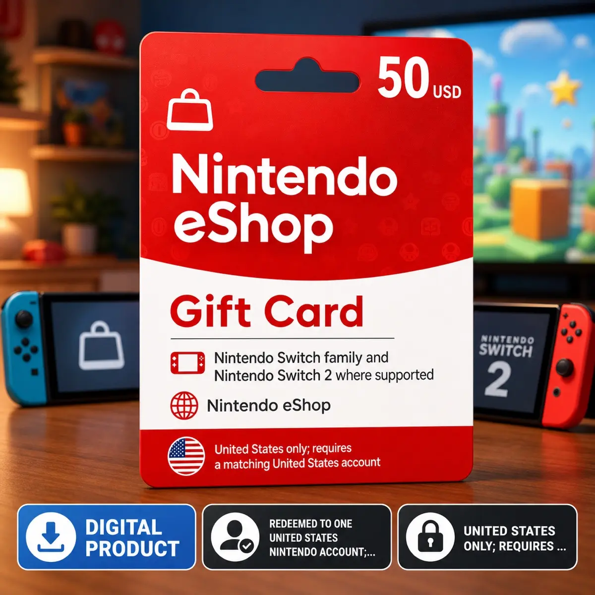 Nintendo eShop Card 50 USD Digital Code — United States, Gift Card, Nintendo Switch family and Nintendo Switch 2 where supported, Nintendo eShop, United States