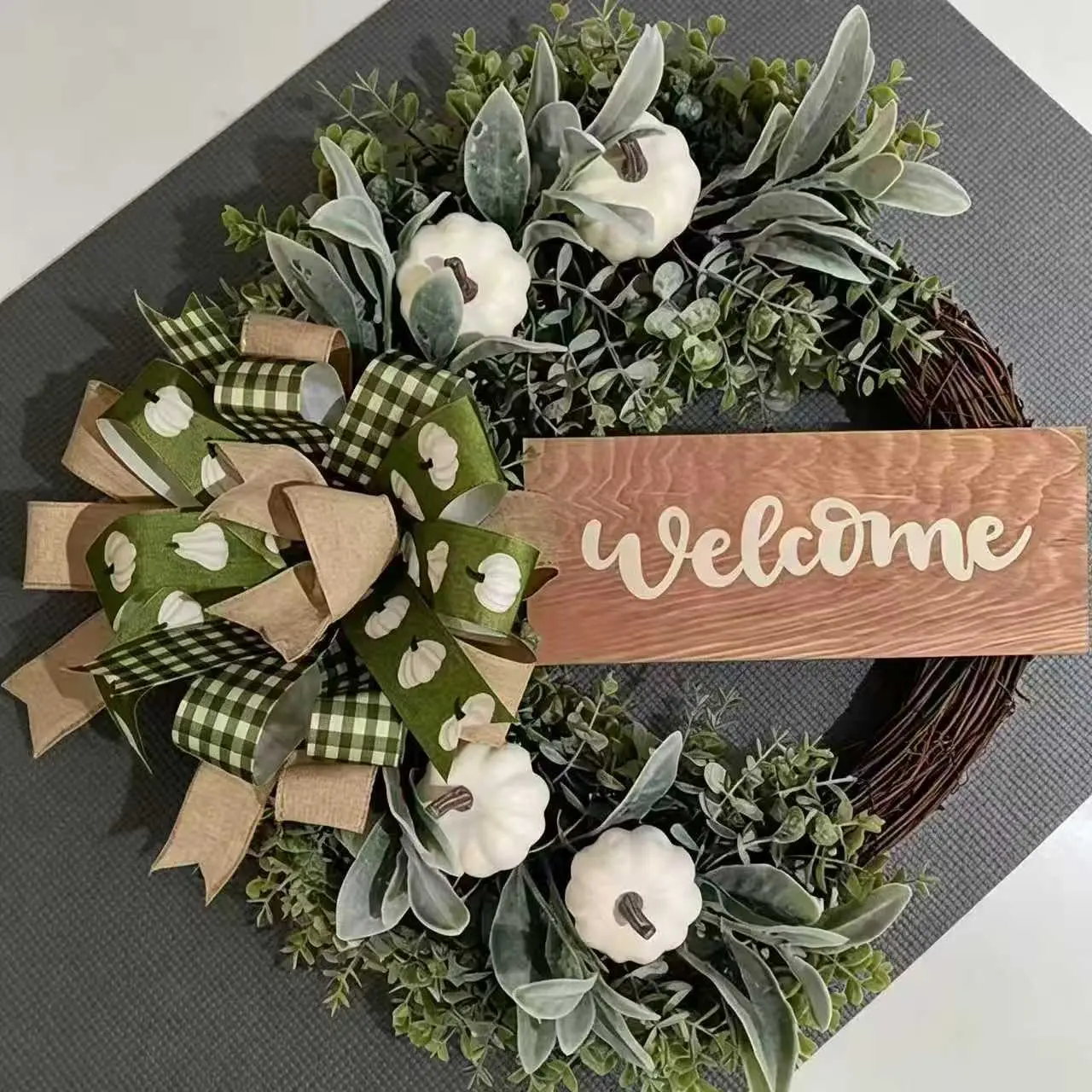 Neutral Tone Farmhouse Style Autumn Wreath, Fall Decor, Pumpkin, Greenery, Plaid Bow Welcome Sign, Rustic Front Door Decor