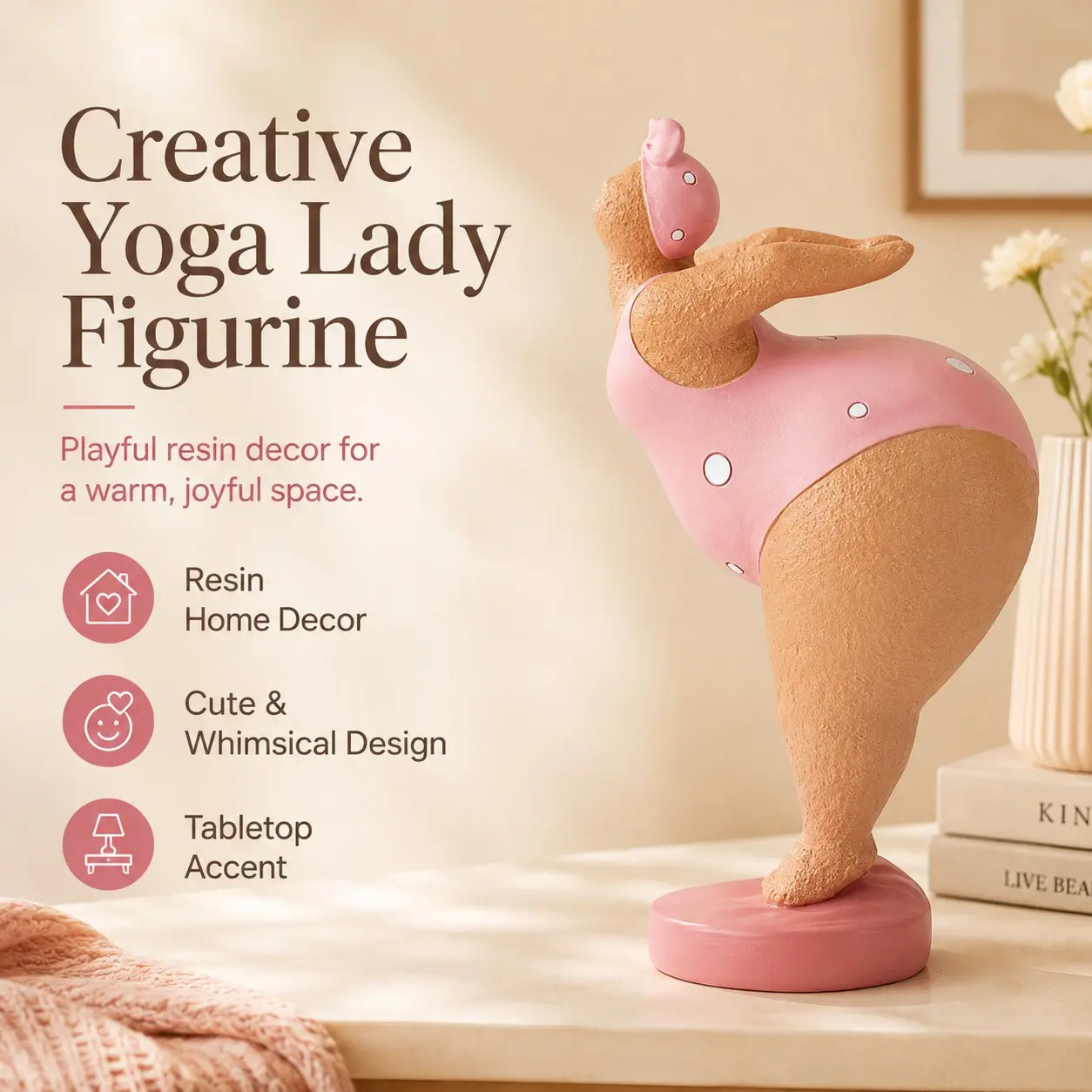 Curvy Yoga Lady Figurine, 7.48 Inch Resin Statue, Polka Dot, Body-Positive Sculpture, Home & Office Decor, Tabletop Ornament