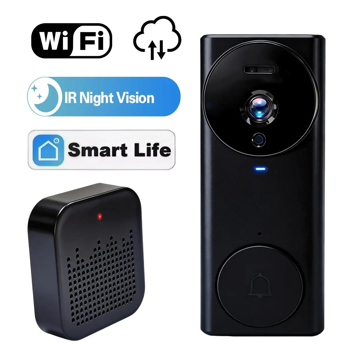 Home Security Doorbell Camera, 130° Wide Angle Lens, Wireless Smart Ring Doorbell, HD Video, Two-Way Talk, Night Vision, Cloud Storage, WiFi Video Doorbell