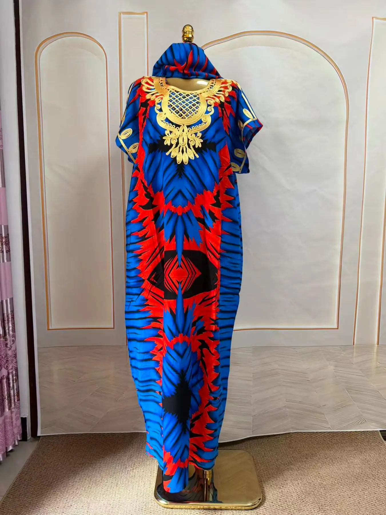 African Style Embroidered Hooded Robe Dress, Ethnic Pattern Kaftan Dresses, Loose Fit Large Size Blue Print Beach Dress, Middle East Dubai Muslim Casual Outerwear