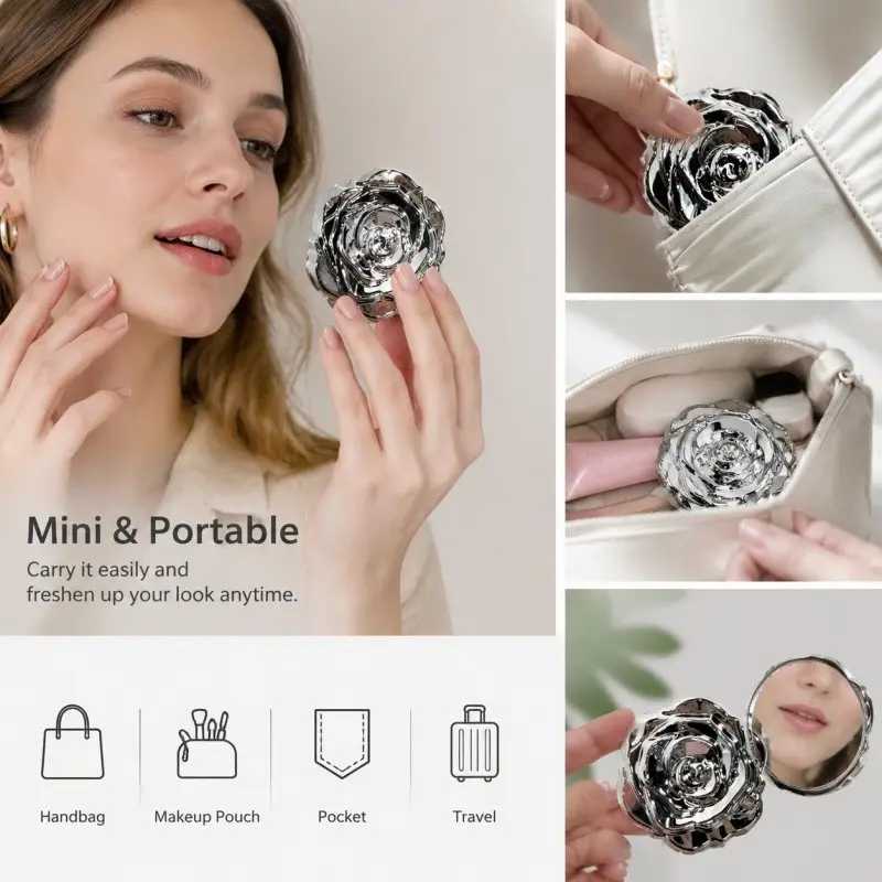3-Pack Compact Travel Cosmetic Mirror, Portable Dual-Sided Folding Handheld Mirror, Pocket-Size Rose Gold Mini Mirror, Travel Makeup Mirror, Essential for Camping, Perfect Gift for Women