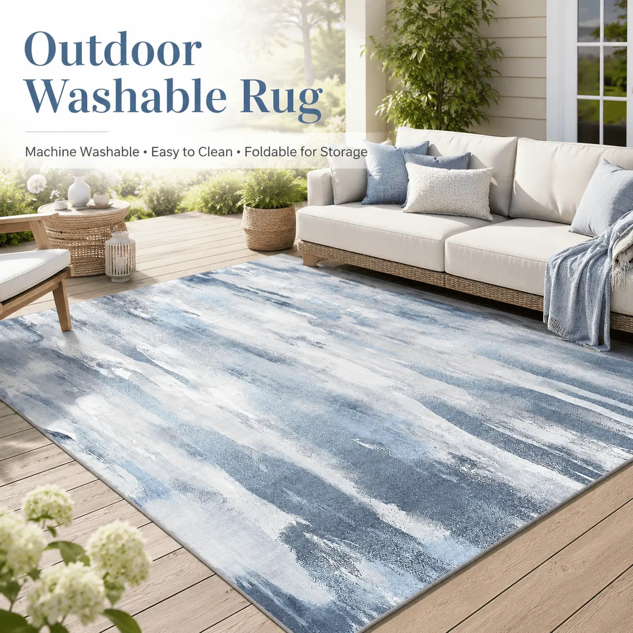 ORHOPUI 5x7 ft Size Outdoor Patio Single Rug, Blue Abstract Foldable Machine-Washable Lightweight Carpet for Deck Balcony, Indoor Living Room Use