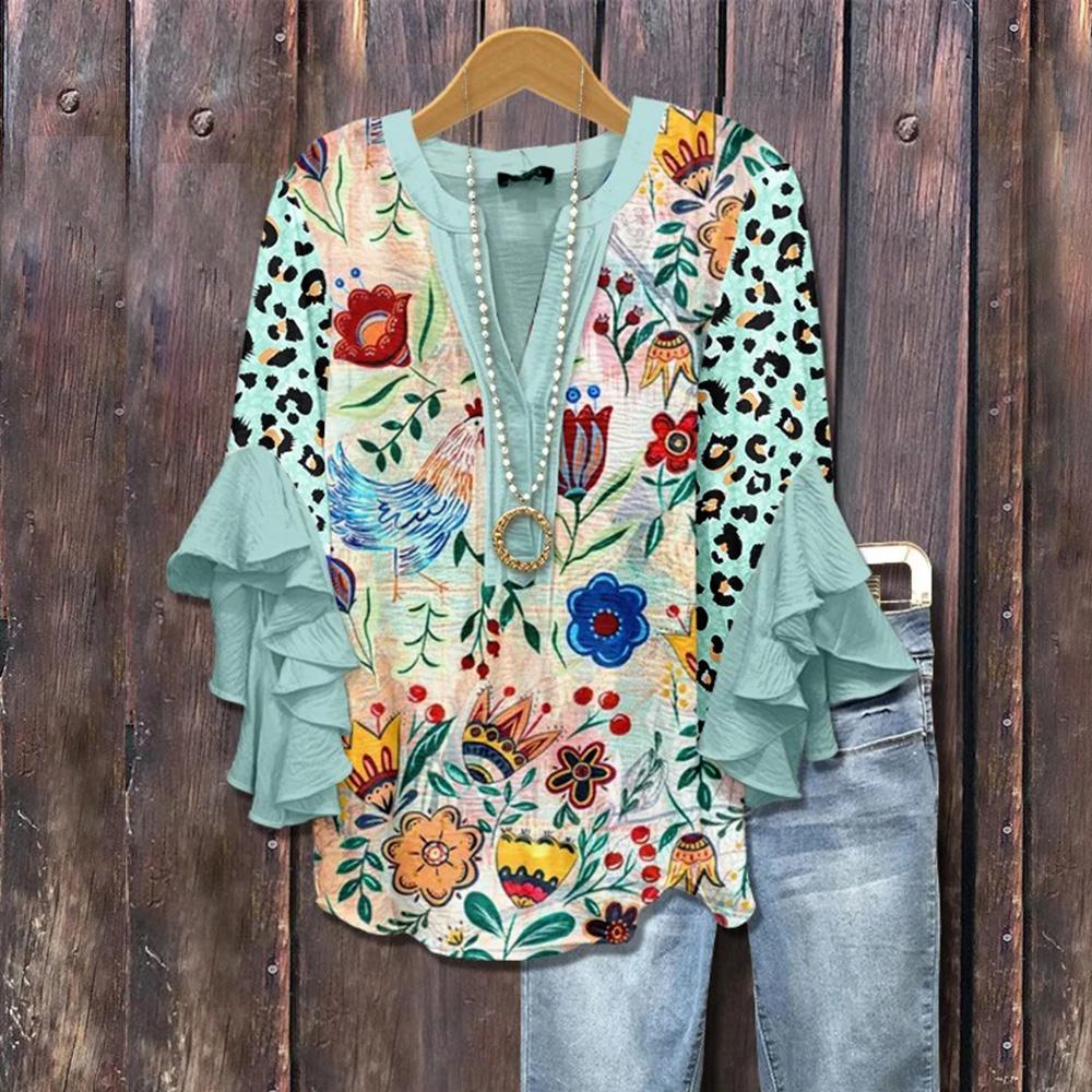 New2025Mixed Floral Print Ruffle Bell Sleeve Top Going Outfits Blouses Women Vintage 90s Tops Funny Shirts Women Elegant Classy Tops Blouse