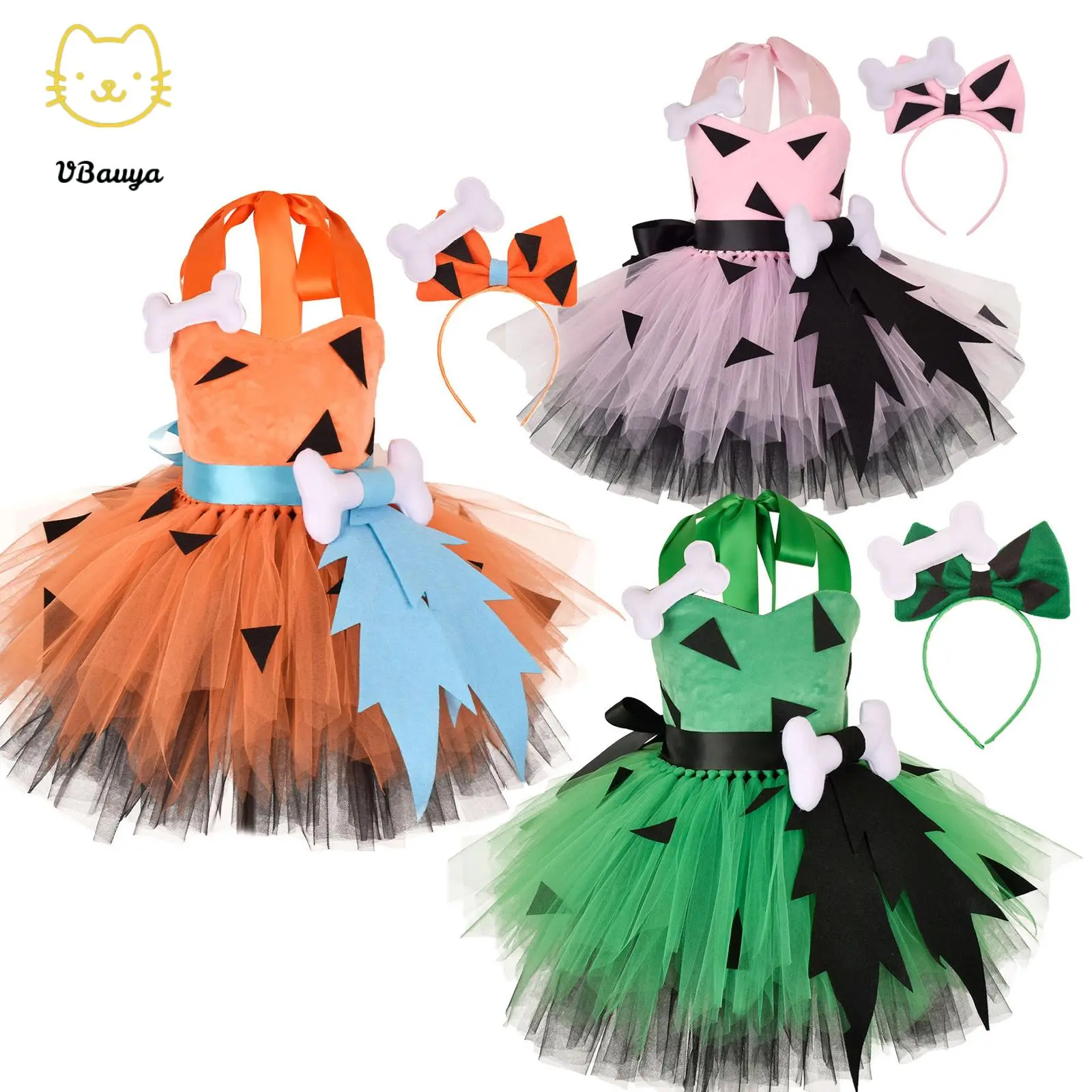 Kids Girl Halloween Cosplay Dress Patchwork Halterneck Backless Princess Dress Children's Day Dance Party Costumes with Headband