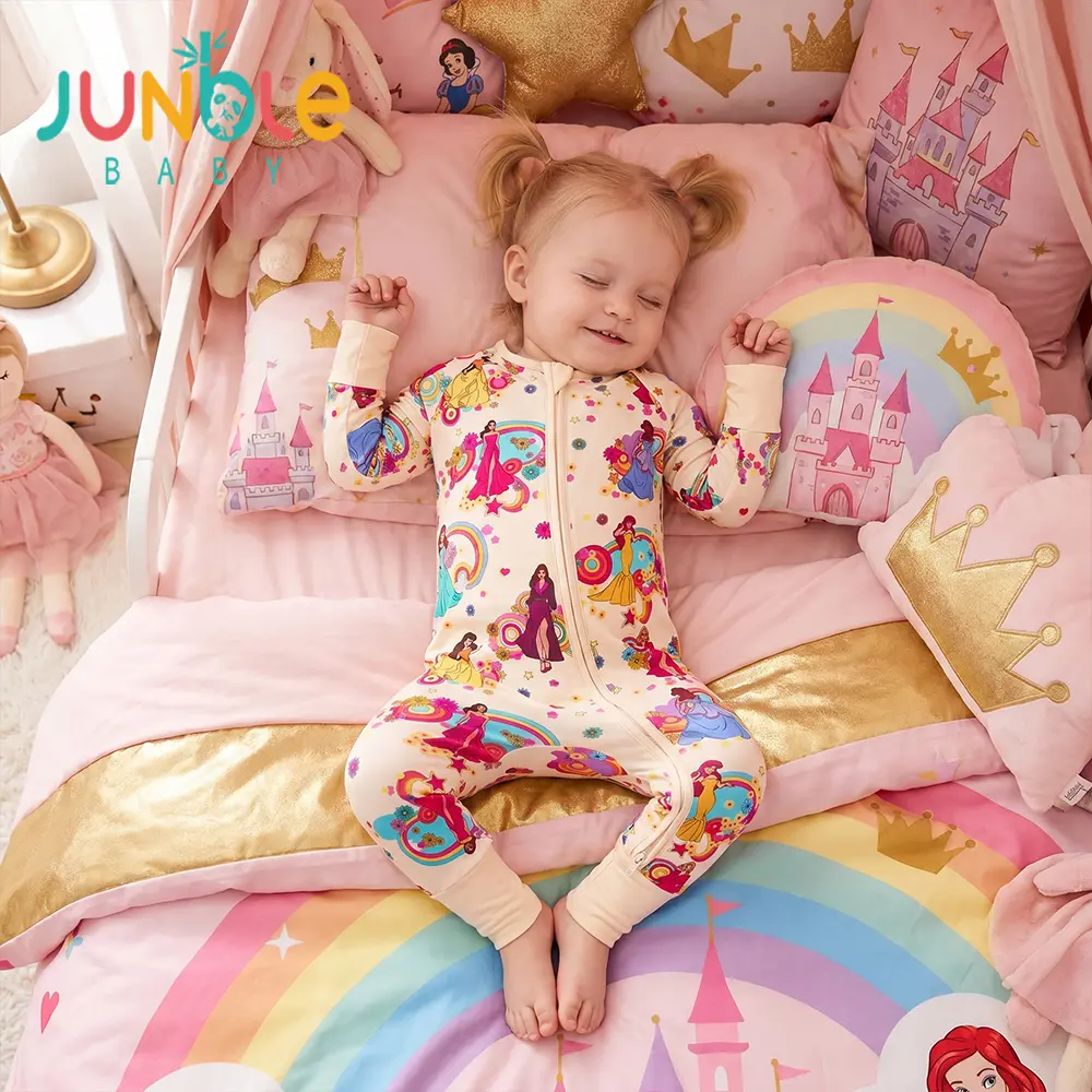 Junblebaby 0-3Y Bamboo Baby Girl Sleeper, baby girl's  princess  print Convertible Footie Pajamas, baby bamboo zipper romper,newborn gift,Two-Way Zipper Romper, affordable BABY CLOTHES Bamboo Sleepwear with mitten cuff Foot Covers for Newborn BABY Cozy