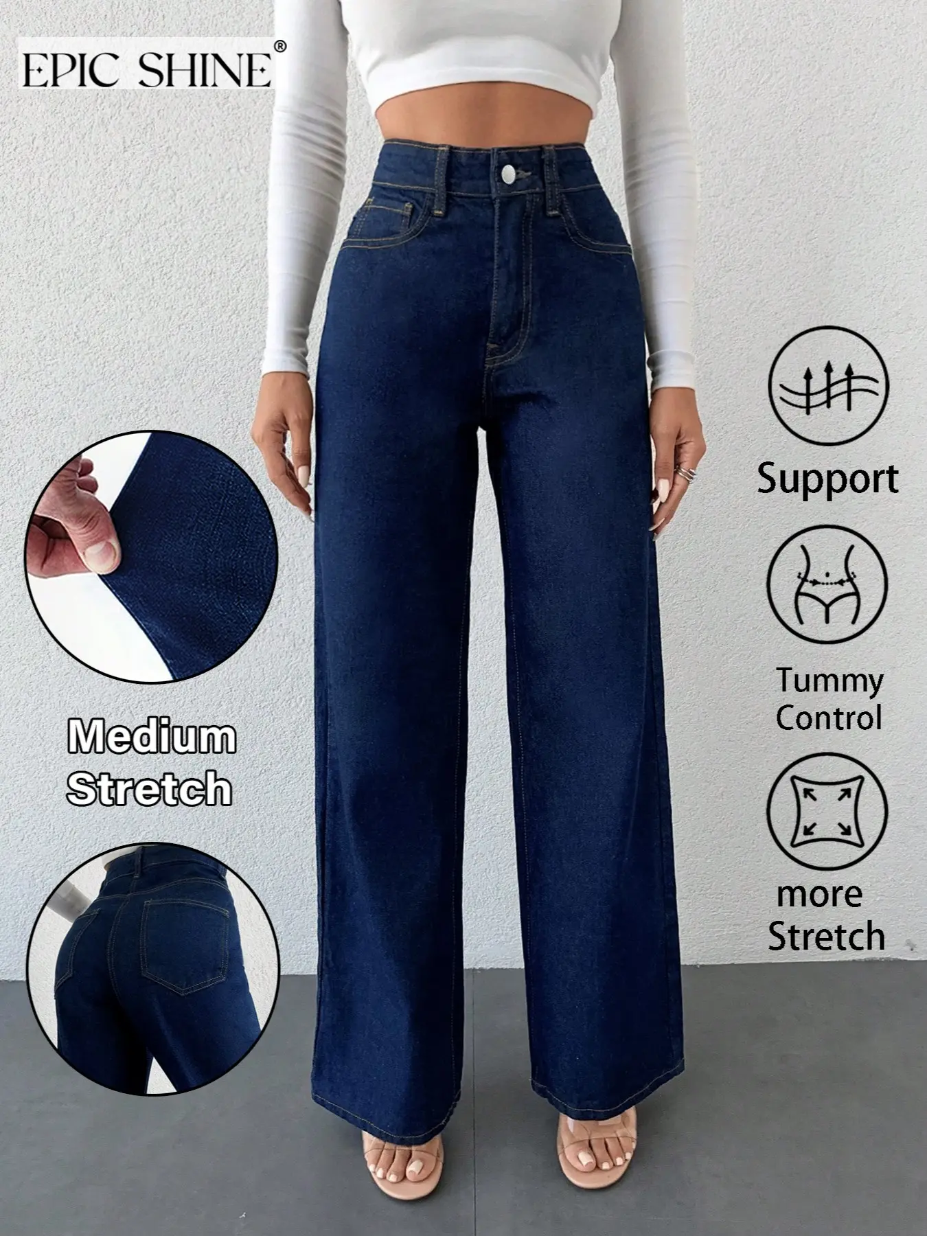 Women's Wide Leg Jeans, Original Color Deep Blue Straight Leg Long Pants, European and American High Street Style, All Seasons Commute Party Wear
