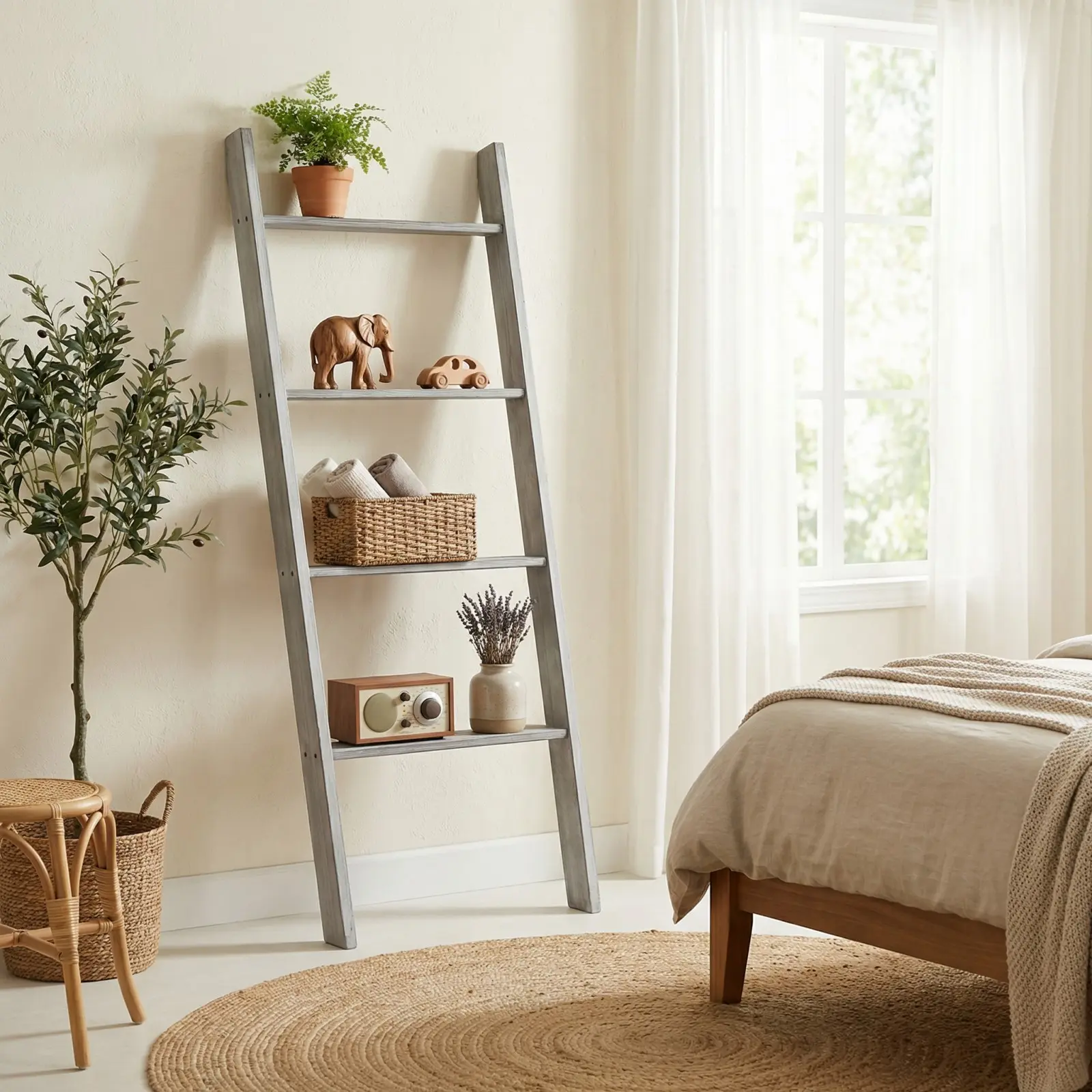 4-Tier Farmhouse Blanket Ladder Shelf, Wall Leaning Wooden Towel Rack for Blankets, Decorative Quilt Display Holder Storage for Living Room Bathroom Bedroom