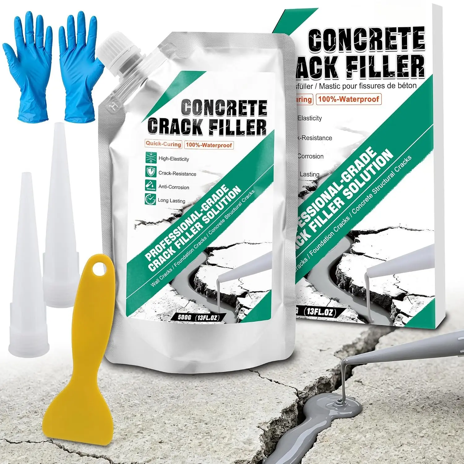 Concrete Crack Filler, 1.1LB Self Leveling Cement Crack Sealer - High Elasticity,  & Quick Drying Concrete Repair Sealant for Asphalt, Mortar, Driveway, Walkway, Joint, Indoor/Outdoor Use