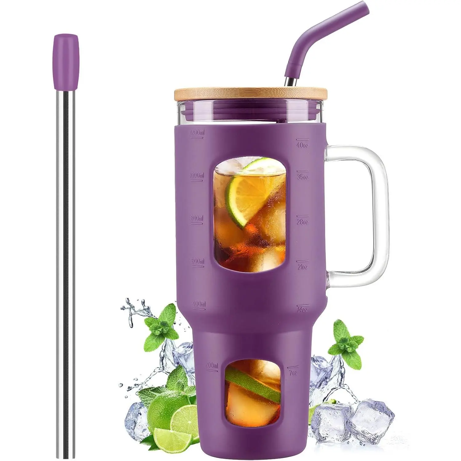 Glass Tumbler with Straw and Lid, Dark Purple, 40 oz |   Iced Coffee Cup with Handle, Glass Water Bottles with Time Marker, Silicone Sleeve