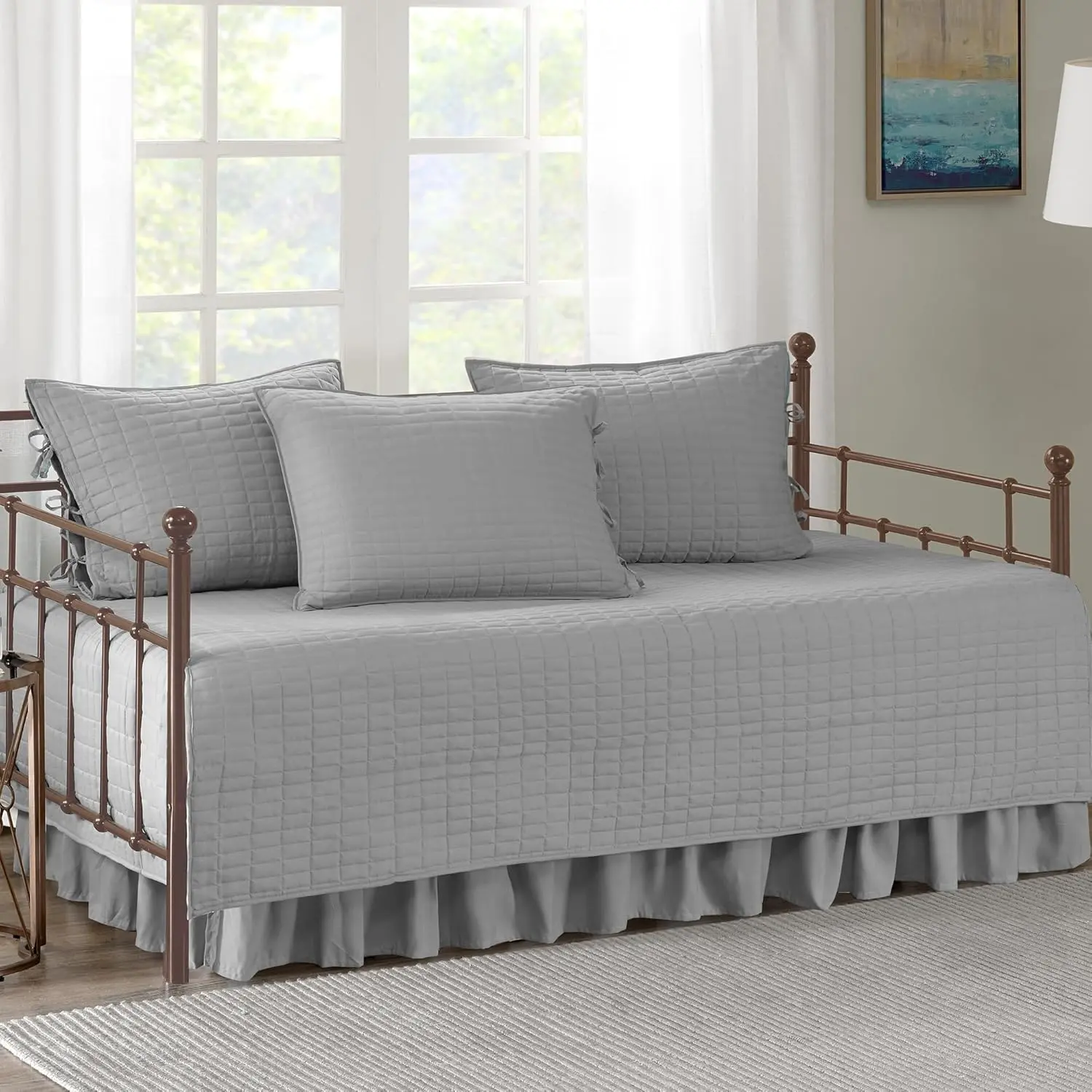 Daybed Cover - Luxe Double Sided Quilting, All Season Cozy Bedding with Bedskirt, Matching Shams, Kienna Grey 75"x39" 5 Piece, 100% Microfiber