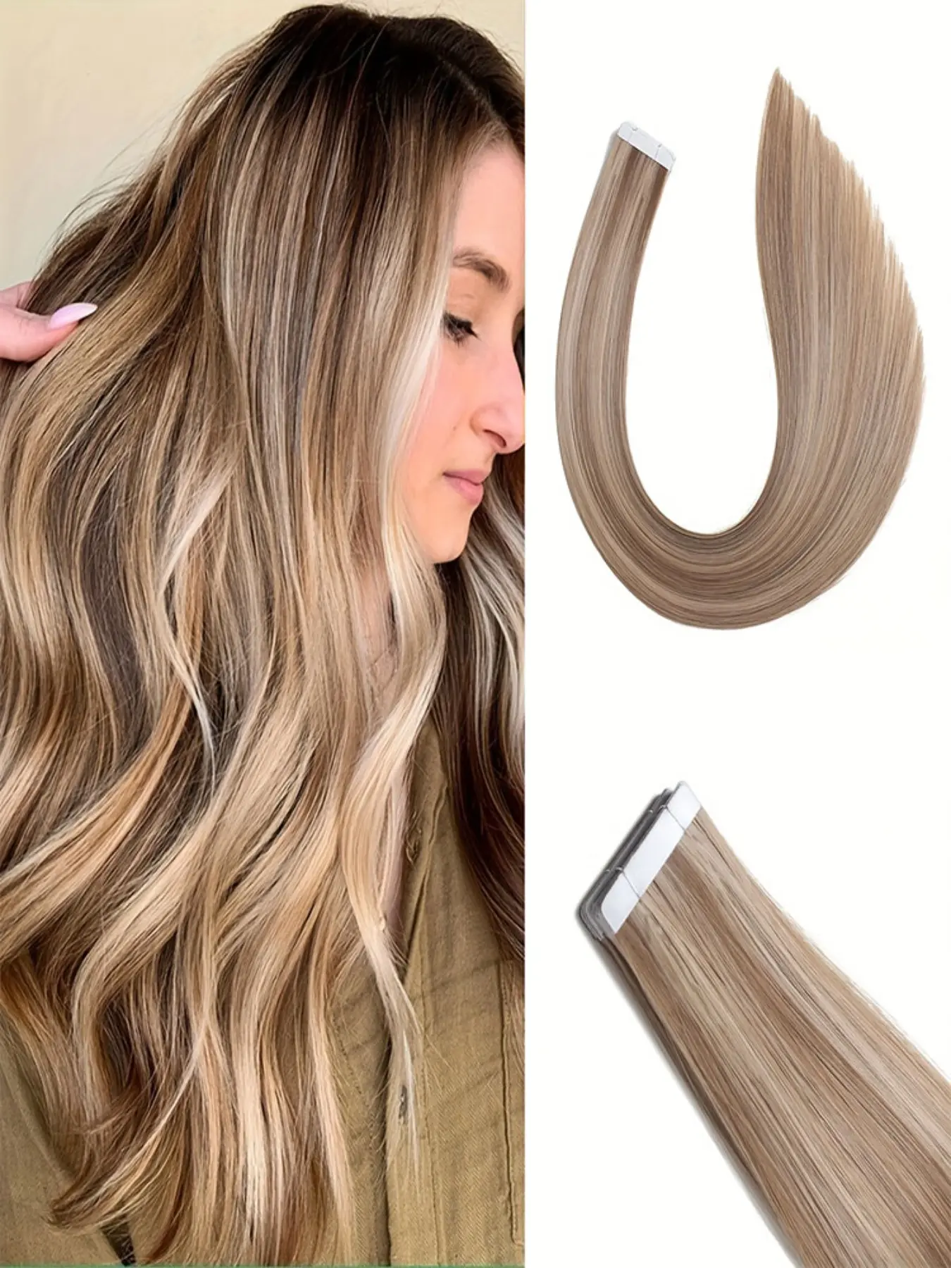 10pcs Invisible PU Tape in Hair Extensions, Straight Synthetic Hair, P8/18/22 Color, 20 Inch Medium Length, 2.5g per pc,total 25g,Perfect for Parties, Holidays, Daily Use, Gifts for Women