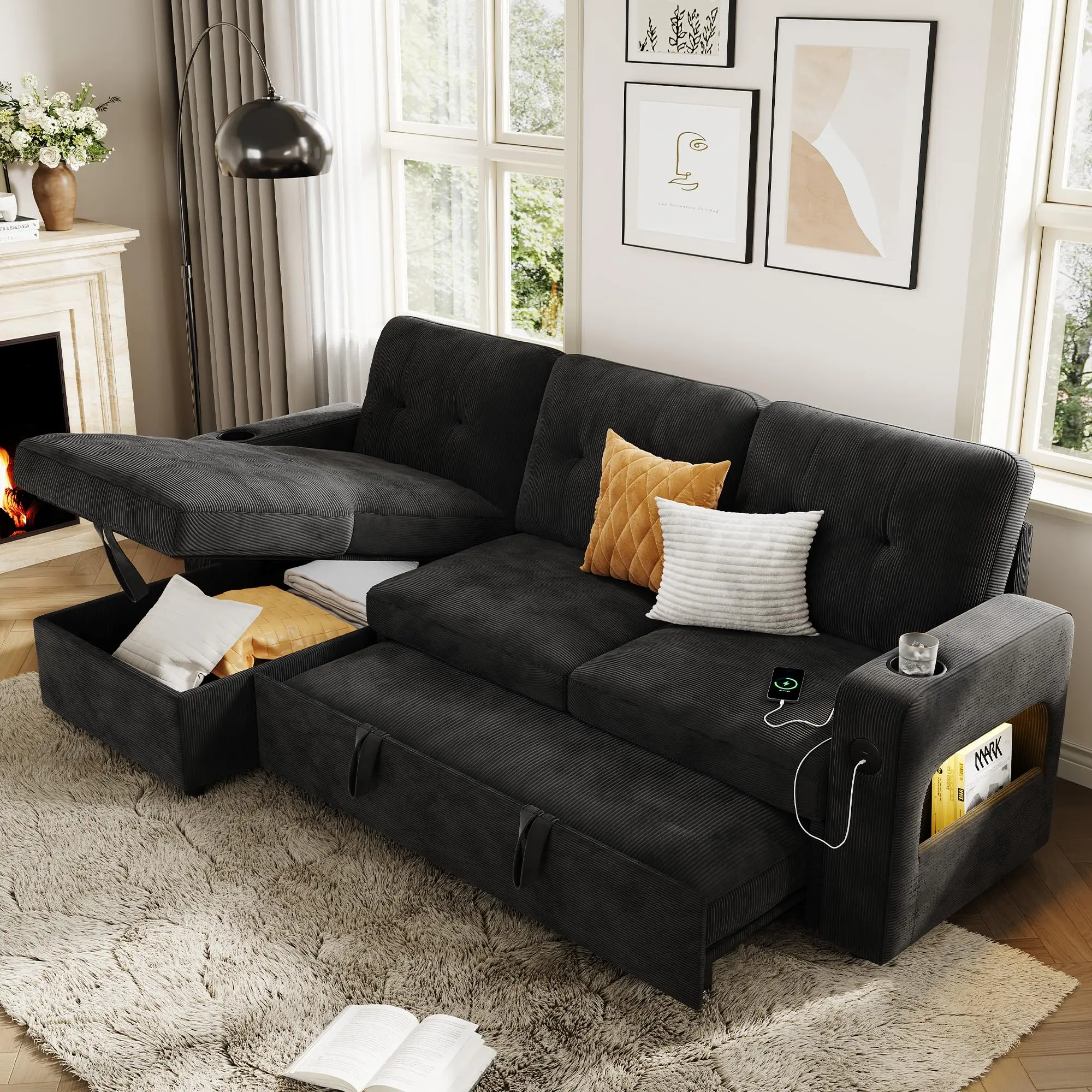 Modular 84" L-Shaped Sleeper Sofa Bed Sectional with Storage, USB Charging, and Cup Holder - Corduroy Fabric Cloud Couch for Living Room, Apartment, Office, Black