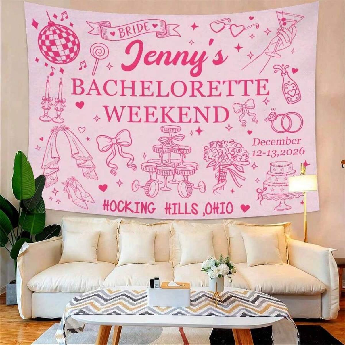 Custom Bachelorette Party Banner Tapestry, Personalized Party Wall Hangings Tapestries, Print Name/Location/Date On Background Cloth, Durable Peach Skin Fabric, Indoor/Outdoor Use, Unique Party Decor Gift For The Bride