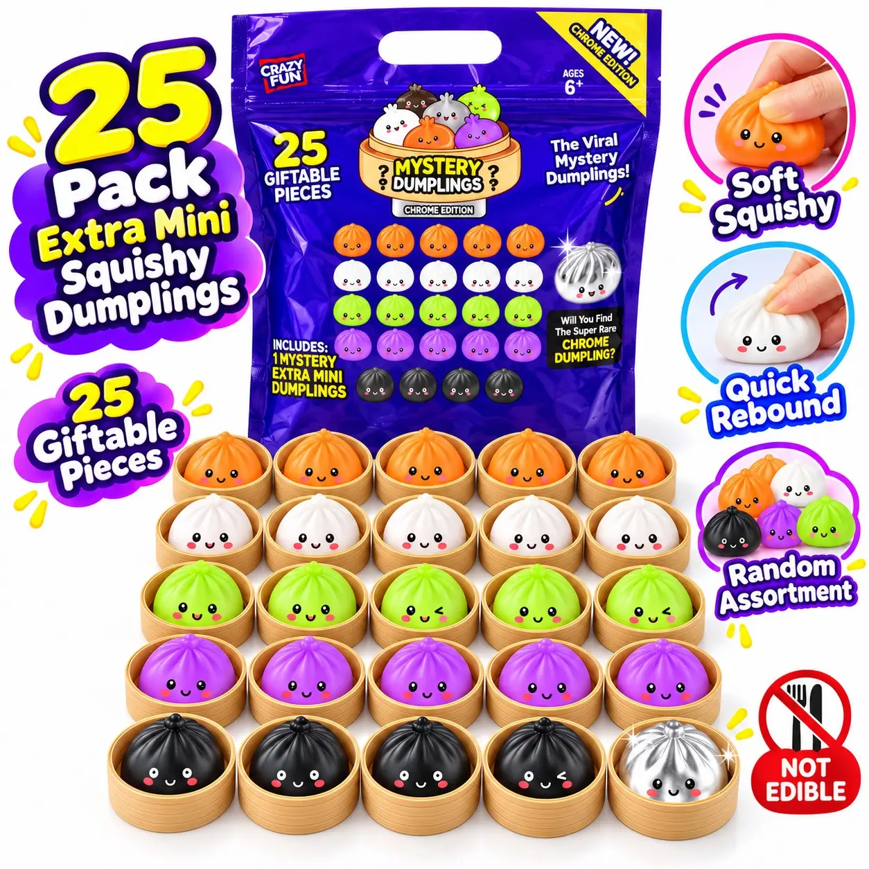 25 Pack of Extra Mini Squishy Dumplings, Blind Box Stress Relief Toy, Christmas Unboxing Fun, Perfect Gift for Kids & Adults