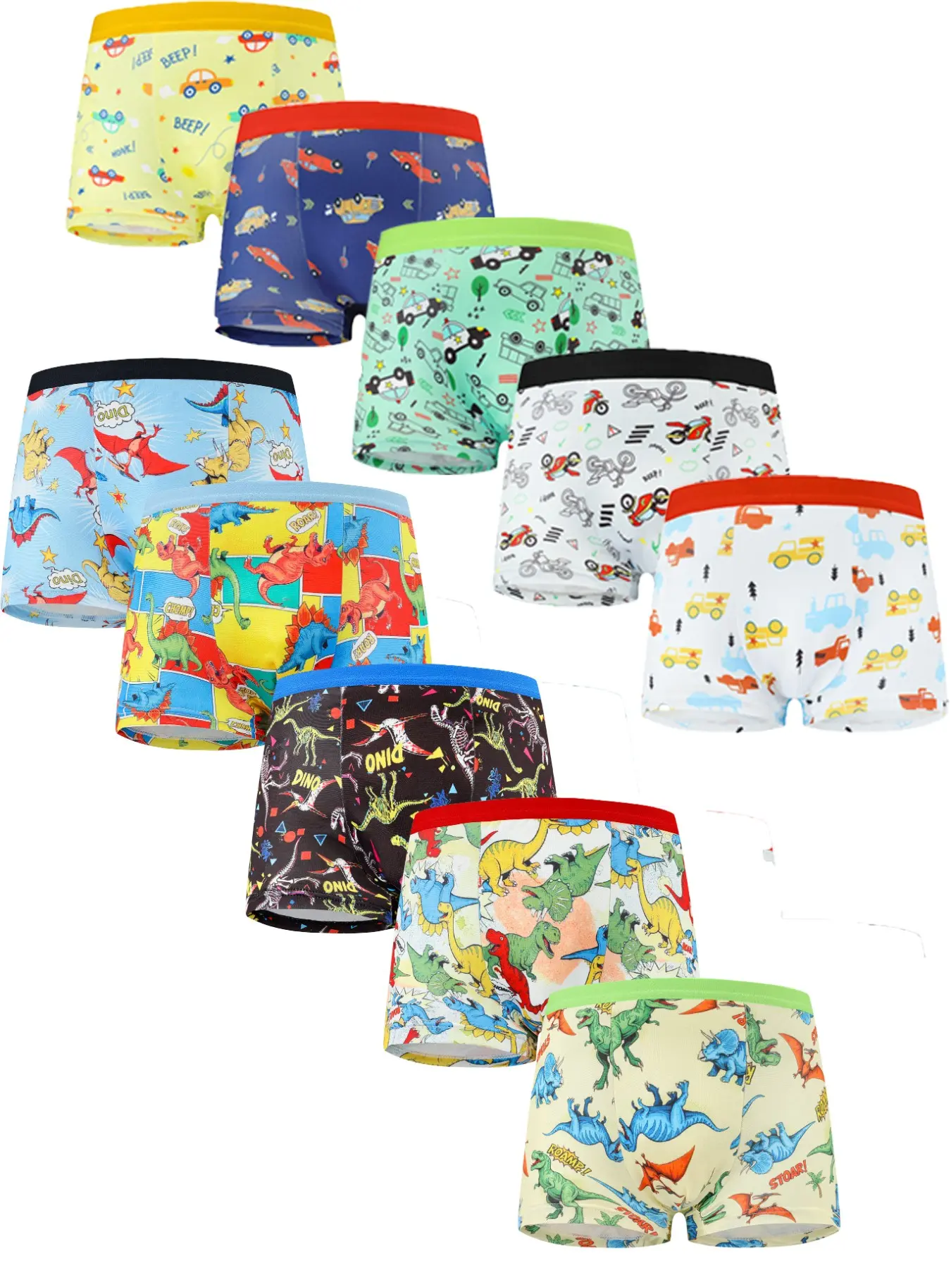 Comfortable Breathable Boys' Printed Underwear Set of 10, Fashion Car Dinosaur Print, Soft Fabric, Perfect Fit, Ideal for Daily Wear