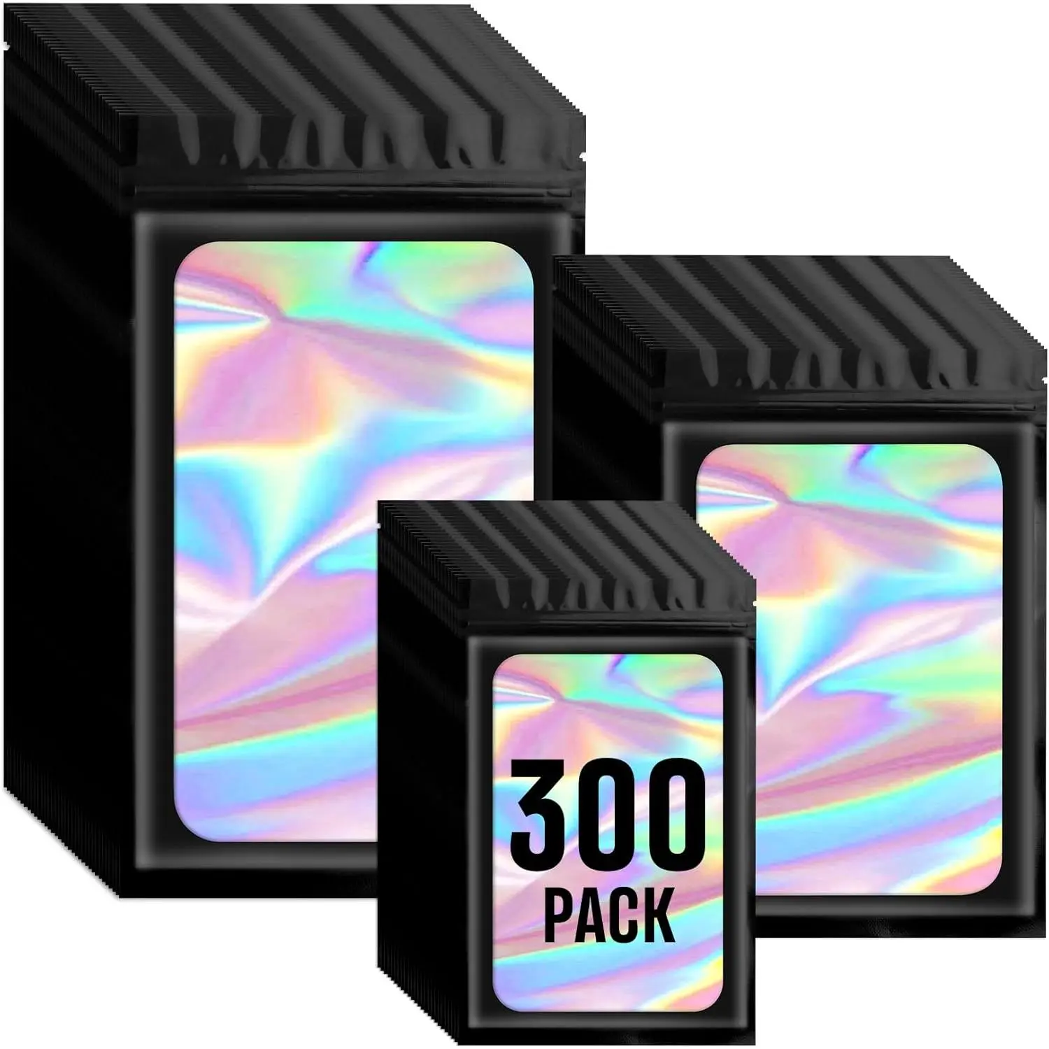 300 Pack 3 Size Mylar Holographic Bags with Clear Window,Black| Resealable Bag Smell Bags Zipper Foil Baggie Packaging for Food,Sample,Small Business,3x4.7,4x6,4.7x7.9in