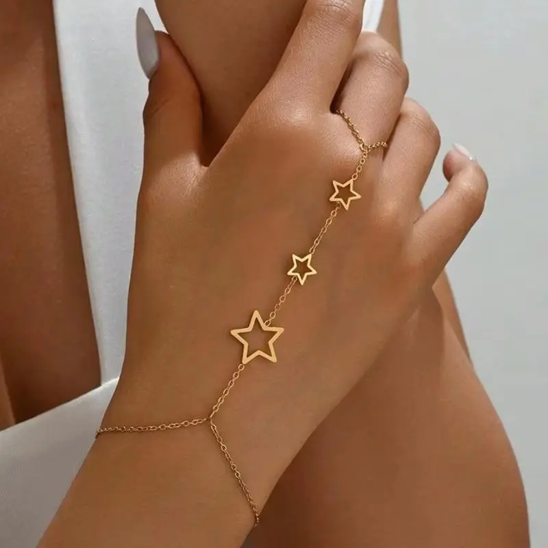 Women's Stainless Steel Bracelet Jewelry - Vintage Boho Hollow Star Hand Chain, Elegant Minimalist Bangle & Finger Chain Accessory Set for Daily Elegance, Party Gifting