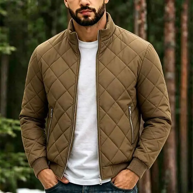 Men's Casual Diamond Quilted Bomber Jacket Stand Collar Full Zip Side Pocket Padded Coat Slim Fit Winter Outerwear Daily Top cozy soft cool clean chic active sporty premium classic stylish durable trendy relaxed comfy modern vibe urban thermal Multi-Color