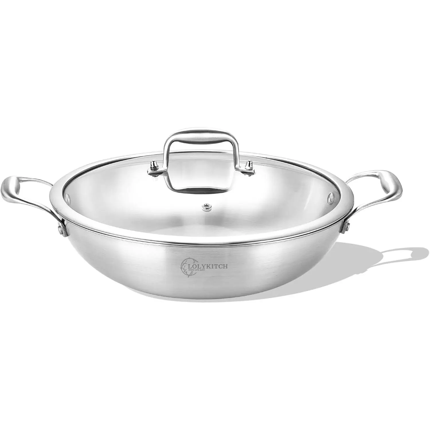 LOLYKITCH 11 Inch Tri-Ply Stainless Steel Wok Pan with Lid,Deep Frying Pan,Jumbo Cooker,Induction Wok,Suit for All Stoves,Dishwasher and Oven Safe.