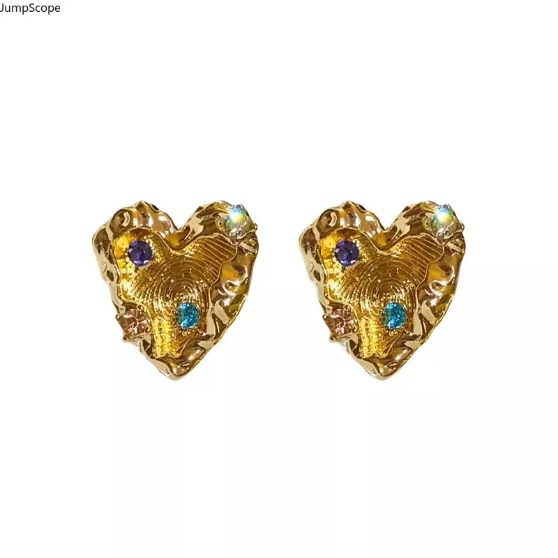 Irregular Textured Metal Heart Stud Earrings, Vintage Unique Design Multicolor Crystal Inlaid Elegant Versatile Women Ear Jewelry