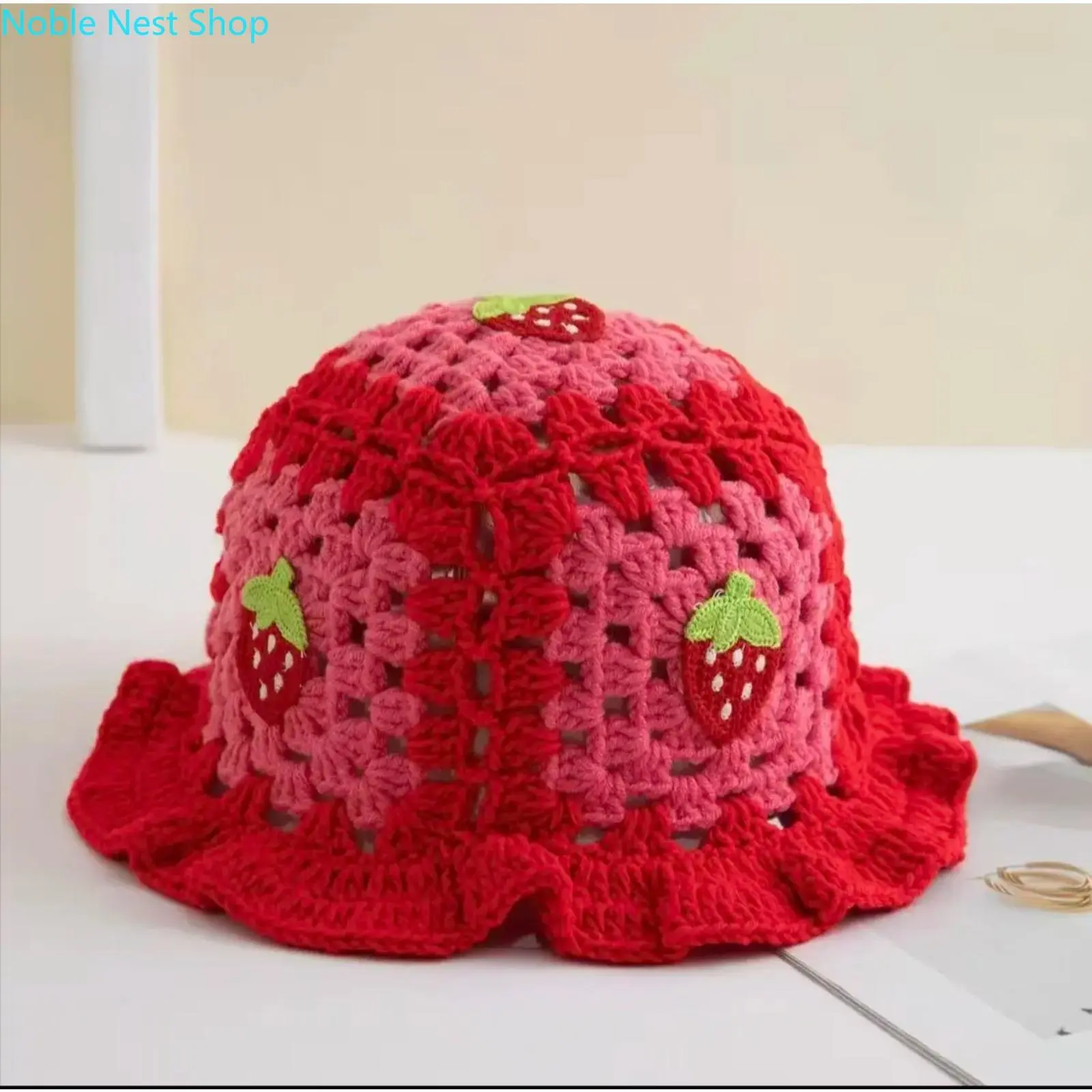 Cute Strawberry Crochet Bucket Hat for Kids, Soft Comfortable Knit Toddler Summer Sun Protection Hat