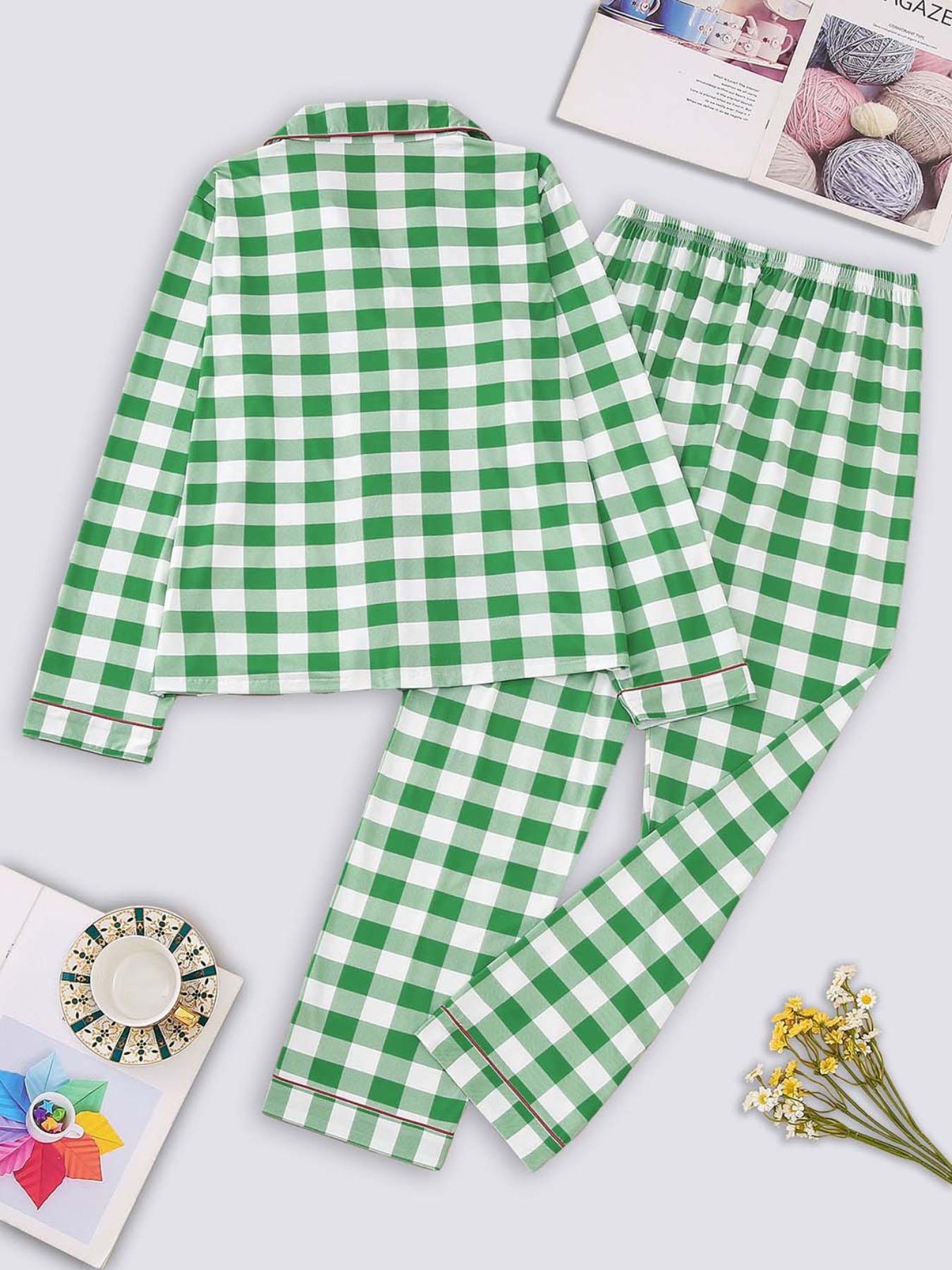 Women's Plaid Print Lapel Neck Button Front Top & Pants Pajama Two-piece Set, Elegant Comfy Long Sleeve Top & Pants Pj Set, Ladies Sleepwear for Spring & Fall, Casual Sleepwear Set