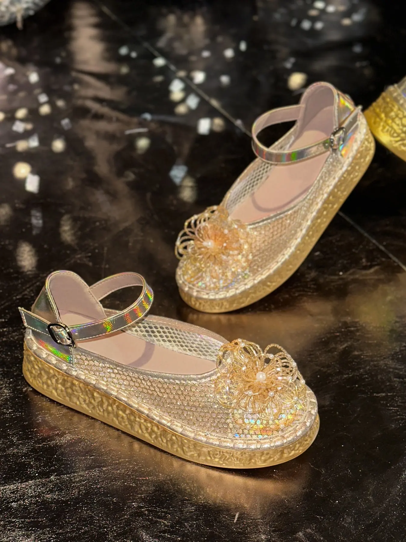 Elegant Pearl Flower Sandals, Breathable Mesh Thick Sole, Fashion Mary Jane Shoes, Sweet Style, Daily Wear, Office, Date, Heeled Flats