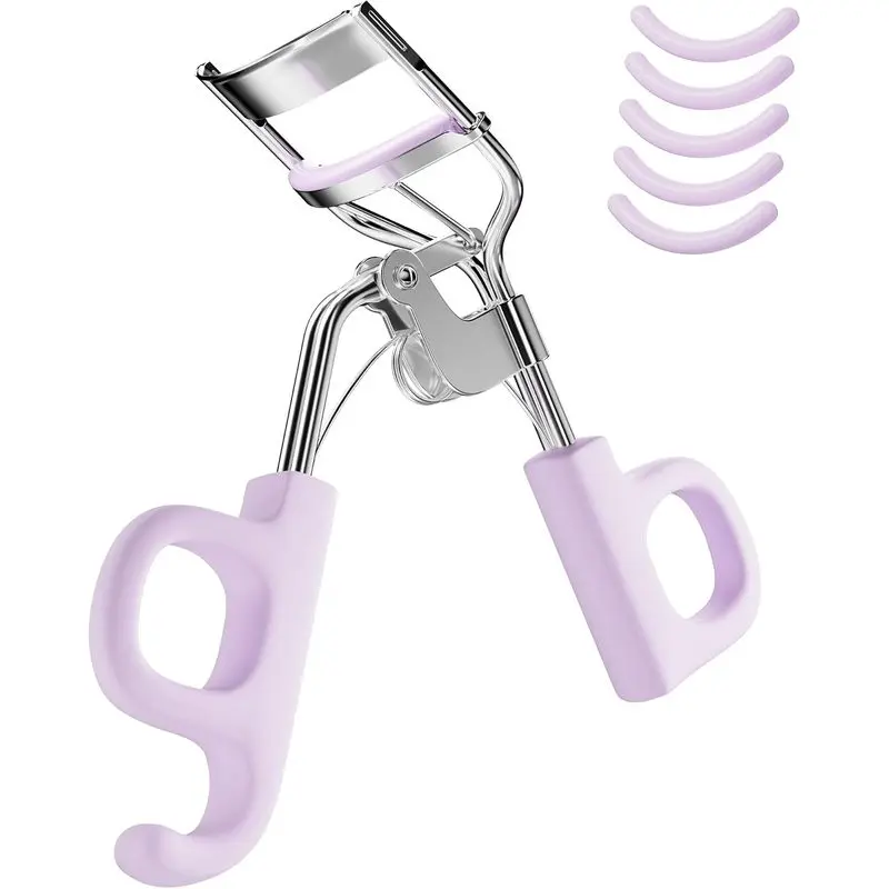 Eyelash Curler, Stainless Steel Lash Curler with 5 Extra Silicone Replacement Pads, No Pinching, Eye Lash Curler for All Eye Shapes, Purple